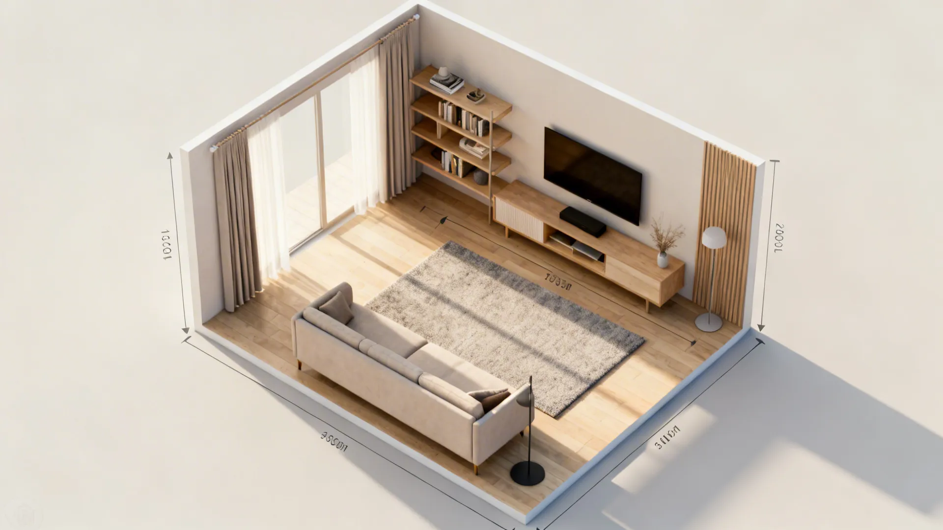 Top-down room planner view showing furniture scale and traffic paths for a small living room