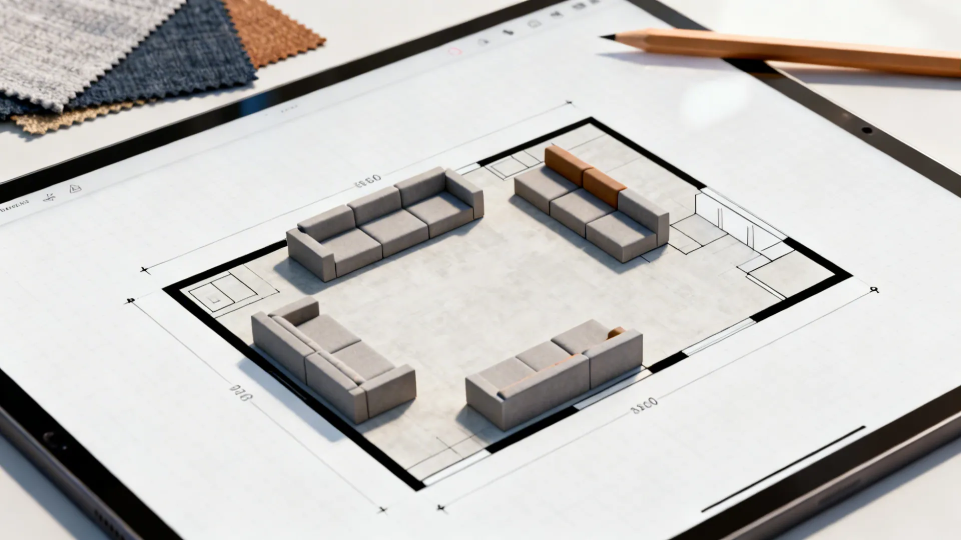 Tablet showing a small living room floorplan with modular furniture layouts and fabric swatches.