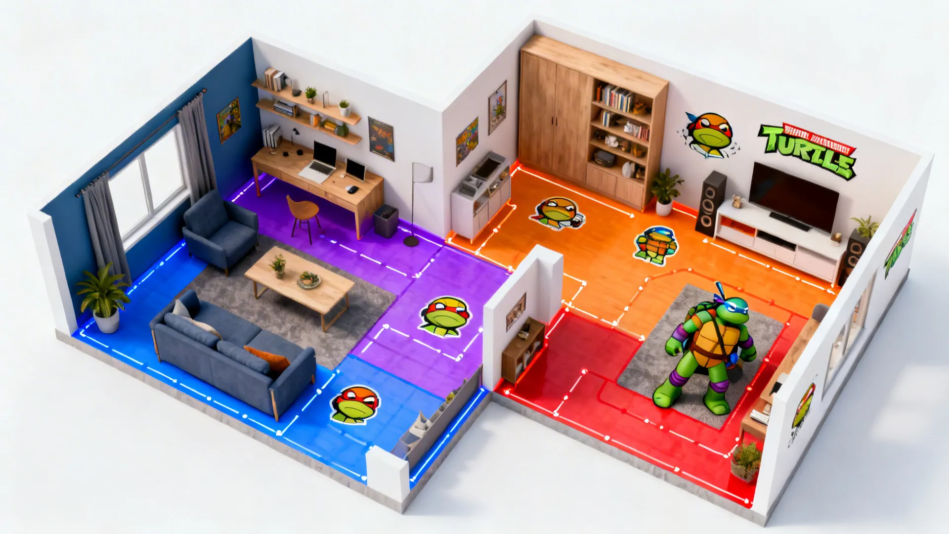 Top-down 3D planner mockup of a TMNT-themed small room showing furniture placement and color zones.