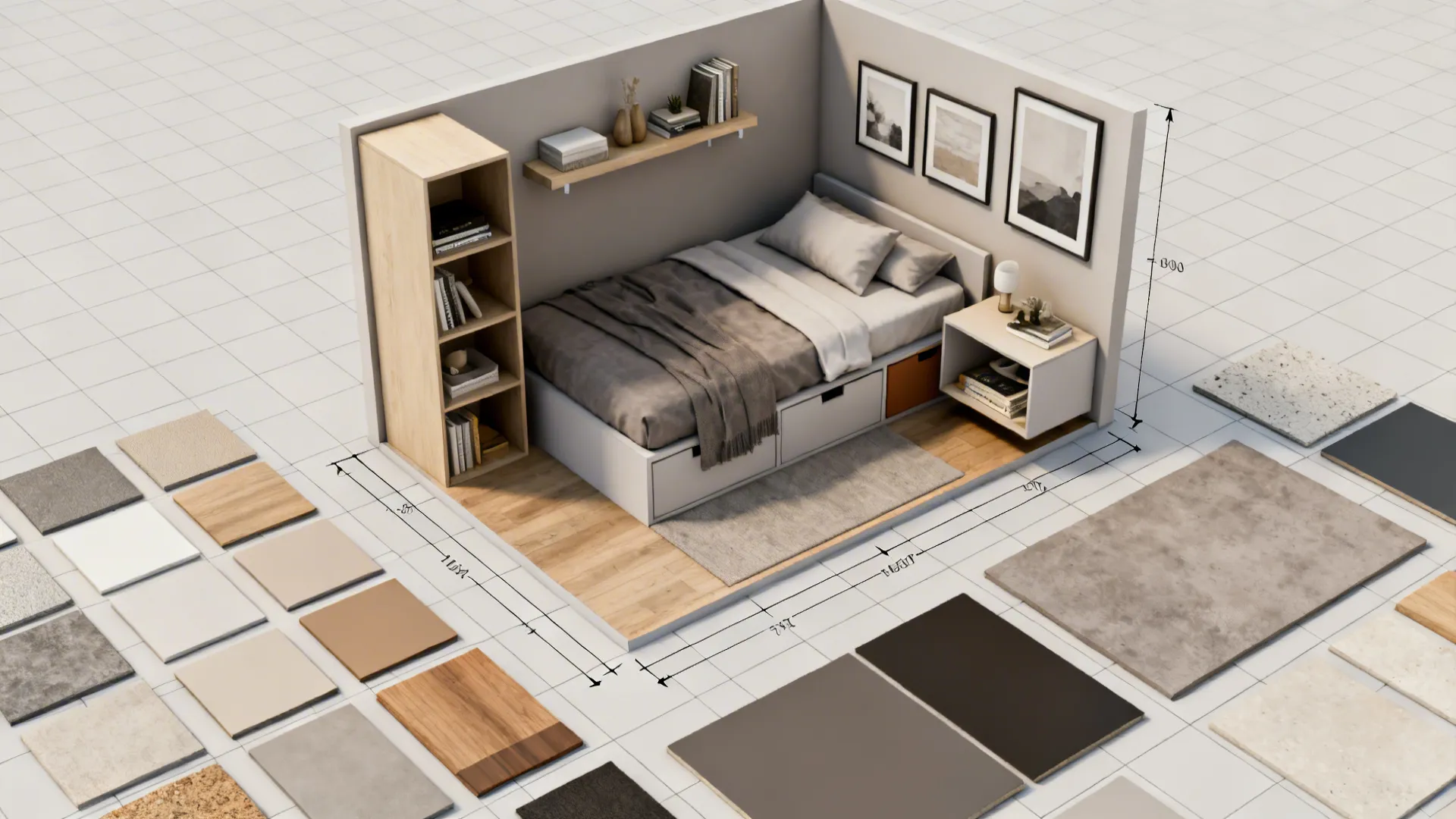 Top-down 3D room planner mockup showing scaled furniture and layout for a compact fandom-themed dorm.