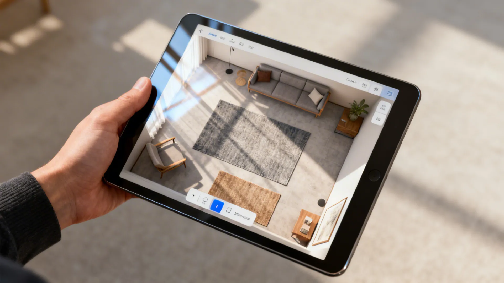 Hand holding tablet showing modern living room design with grey sofa rug and wooden floor