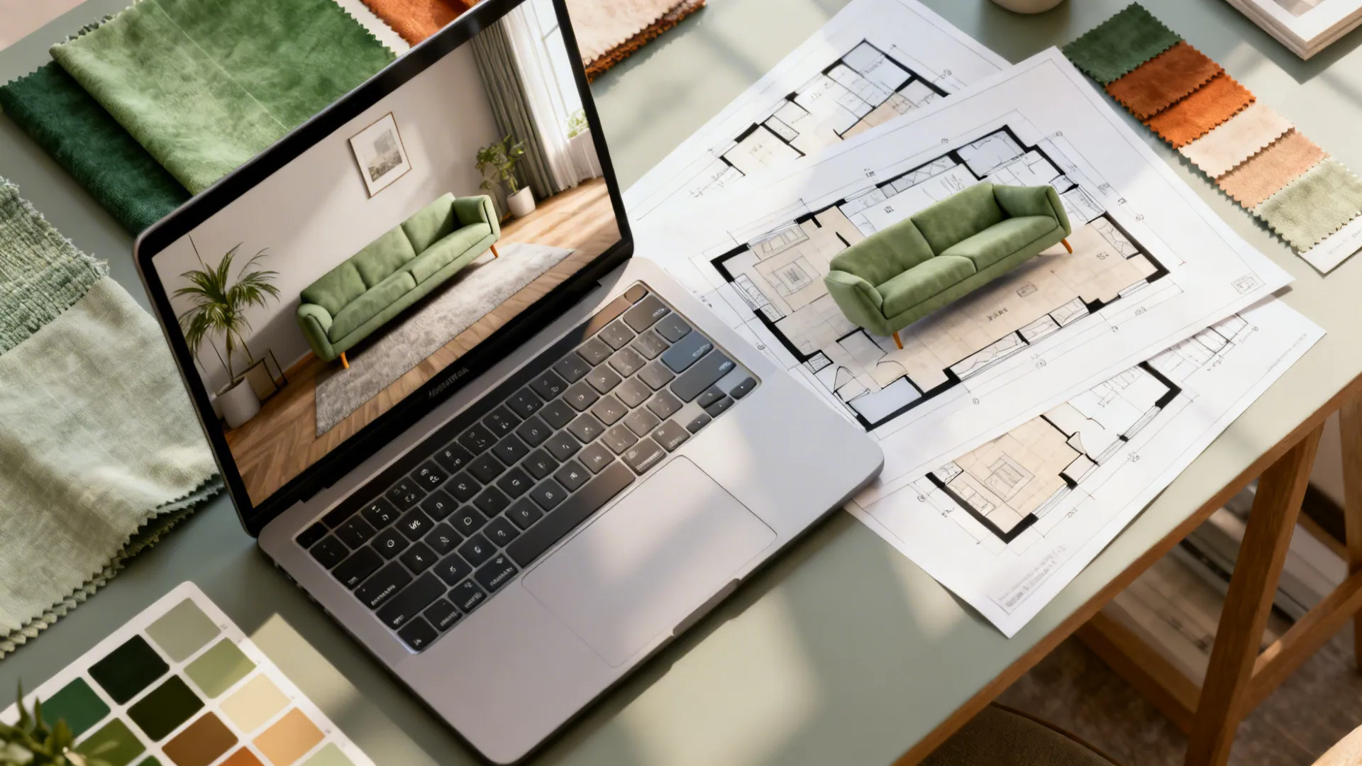 Top-down view of a laptop showing a living room mockup with a sage green couch and printed floor plans.