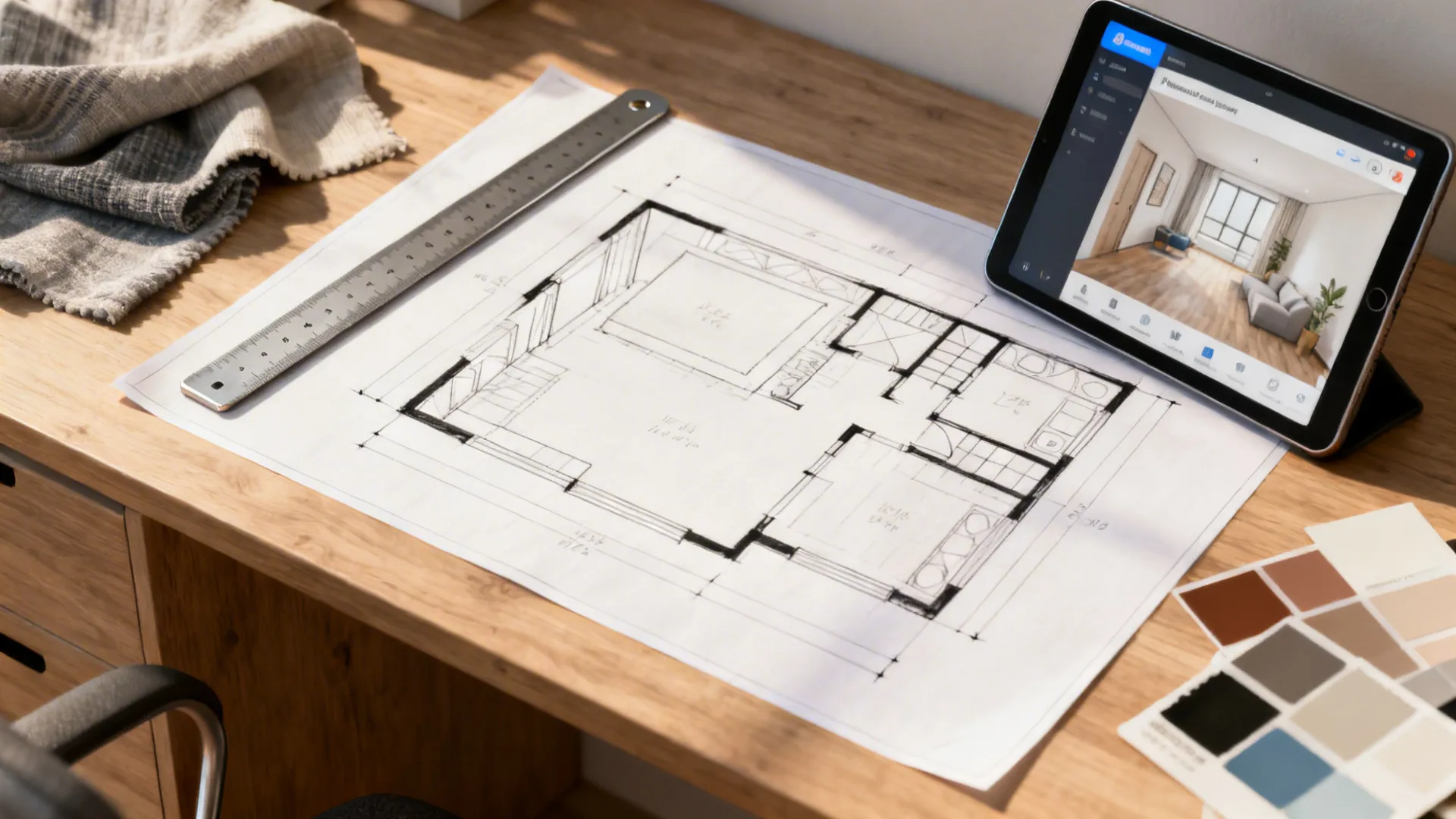 Hand drawn floor plan on wooden desk with tablet showing interior design drawing and color swatches