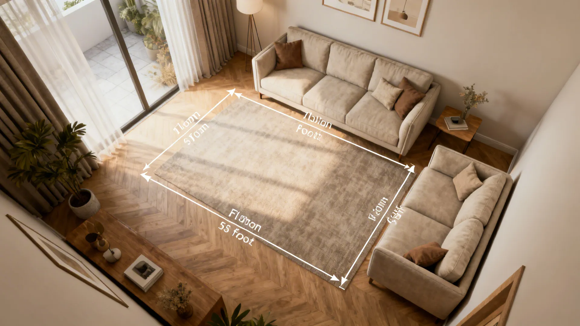 Top-down 3D floor planner showing sofa placement options and circulation in a small living room.