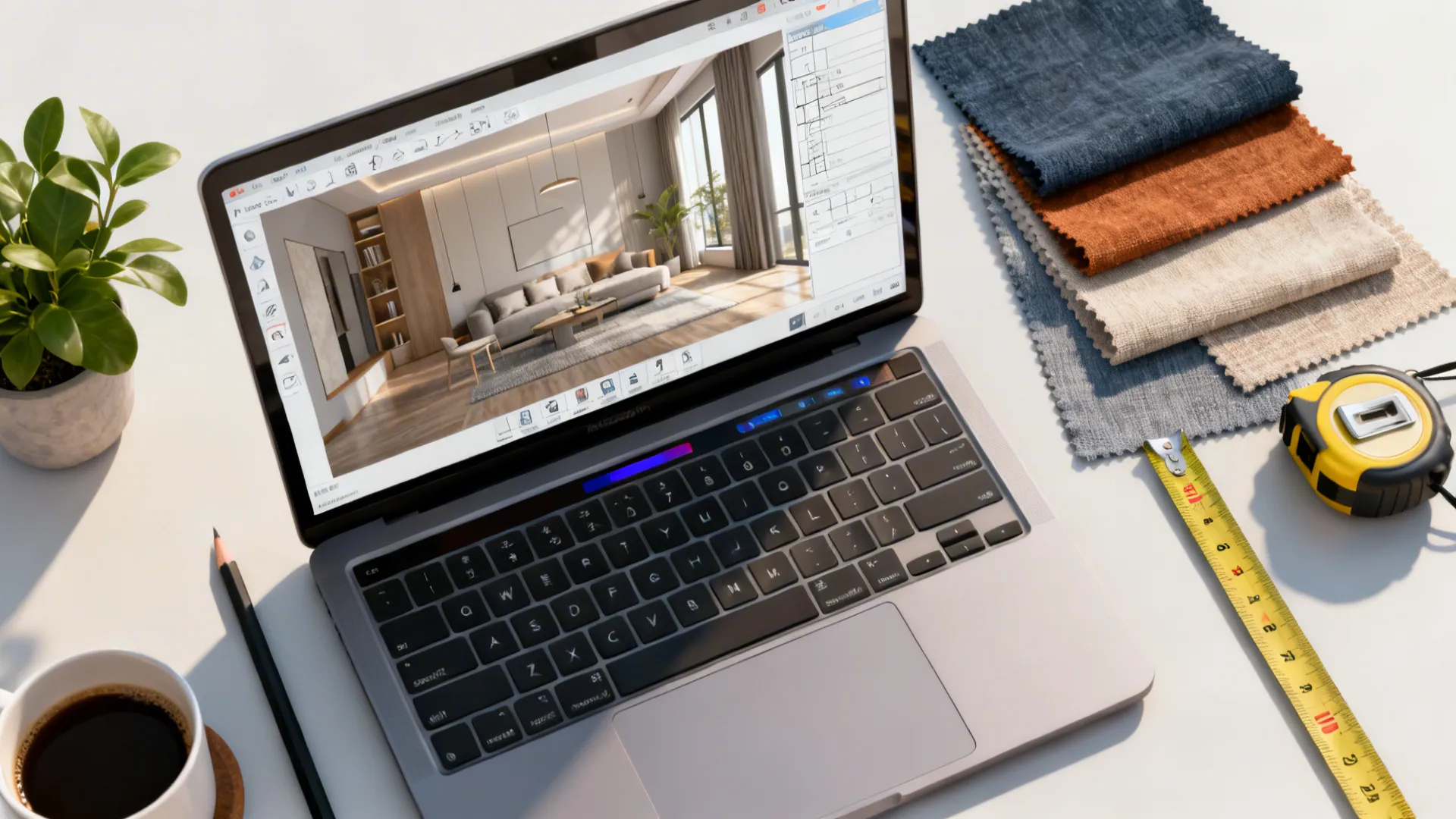 Laptop showing living room design software with fabric samples, tape measure, coffee cup, and plant