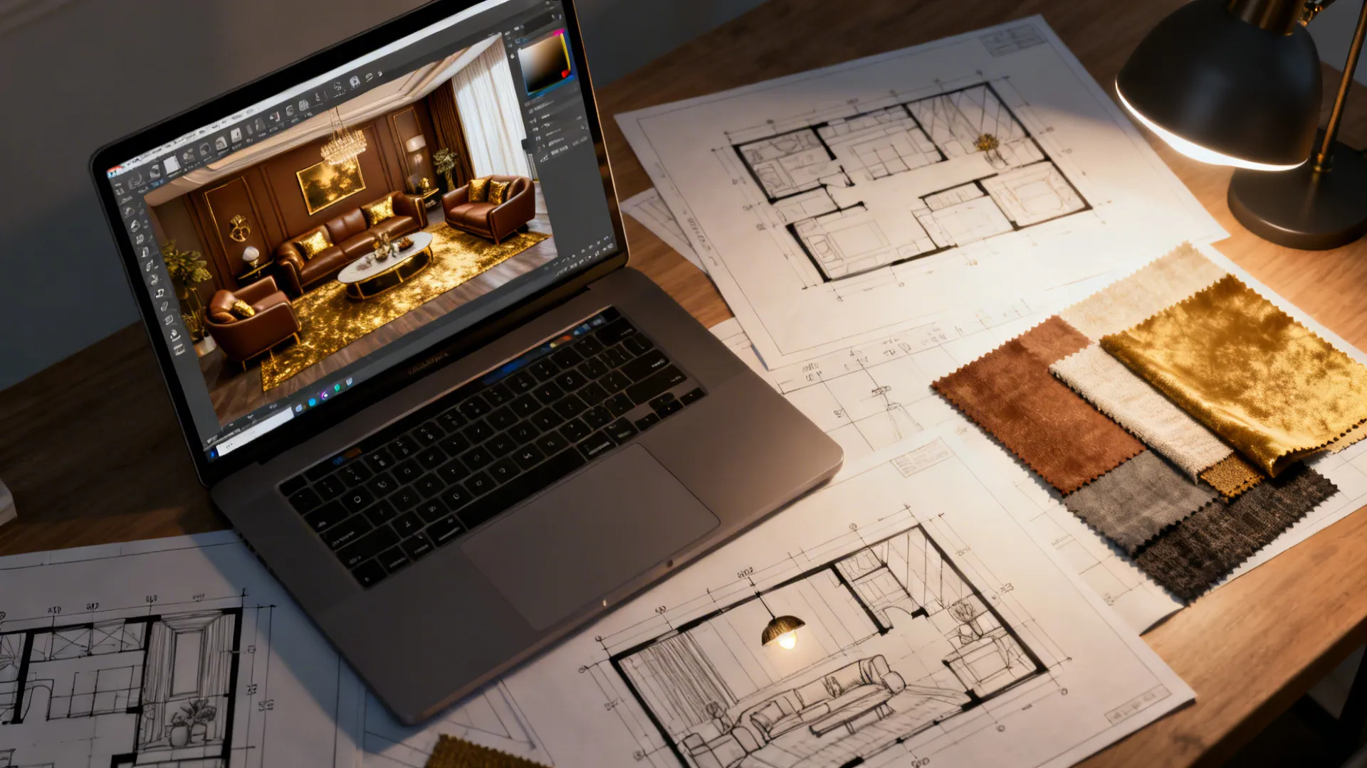 Laptop showing interior design drawing surrounded by paper floor plans and colorful fabric material samples