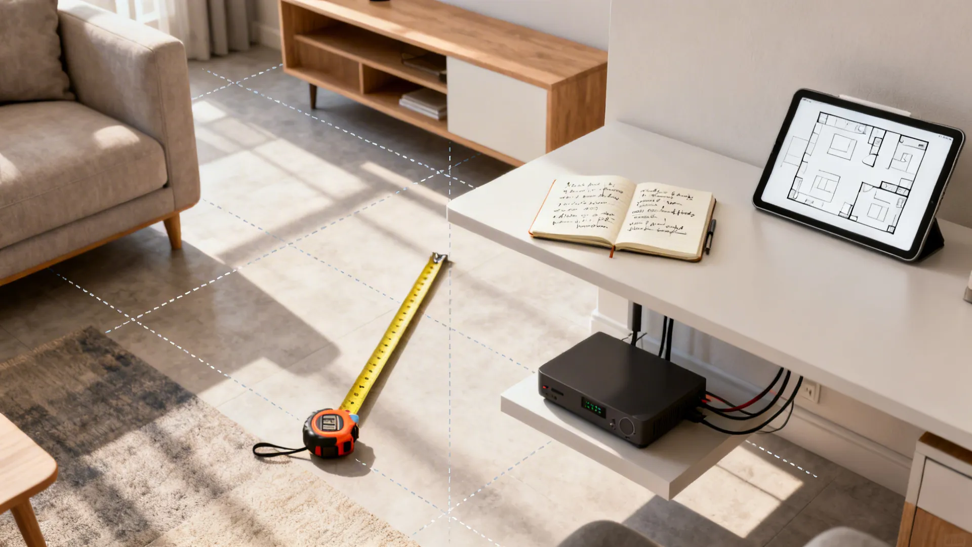Top-down mockup of a living room planner showing clearances, scale furniture and a tablet floorplan.