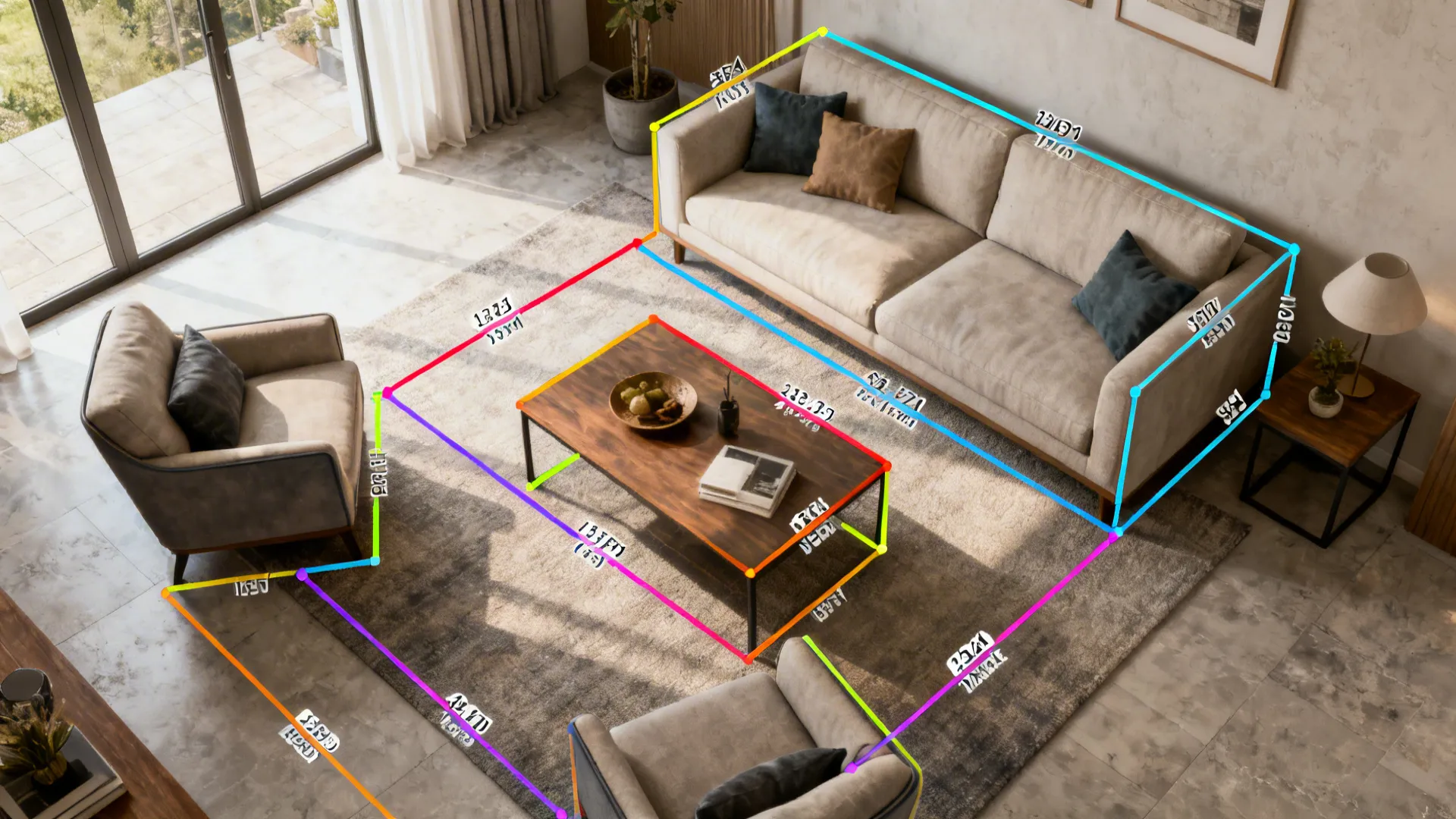 Top-down room planner view showing furniture placement and circulation for a living room.