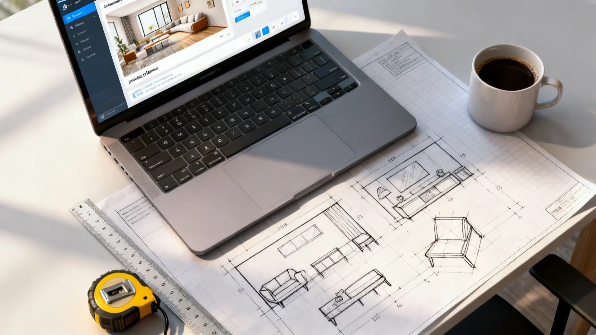 Top-down view of a laptop with an online room planner, measuring tools and layout sketches.