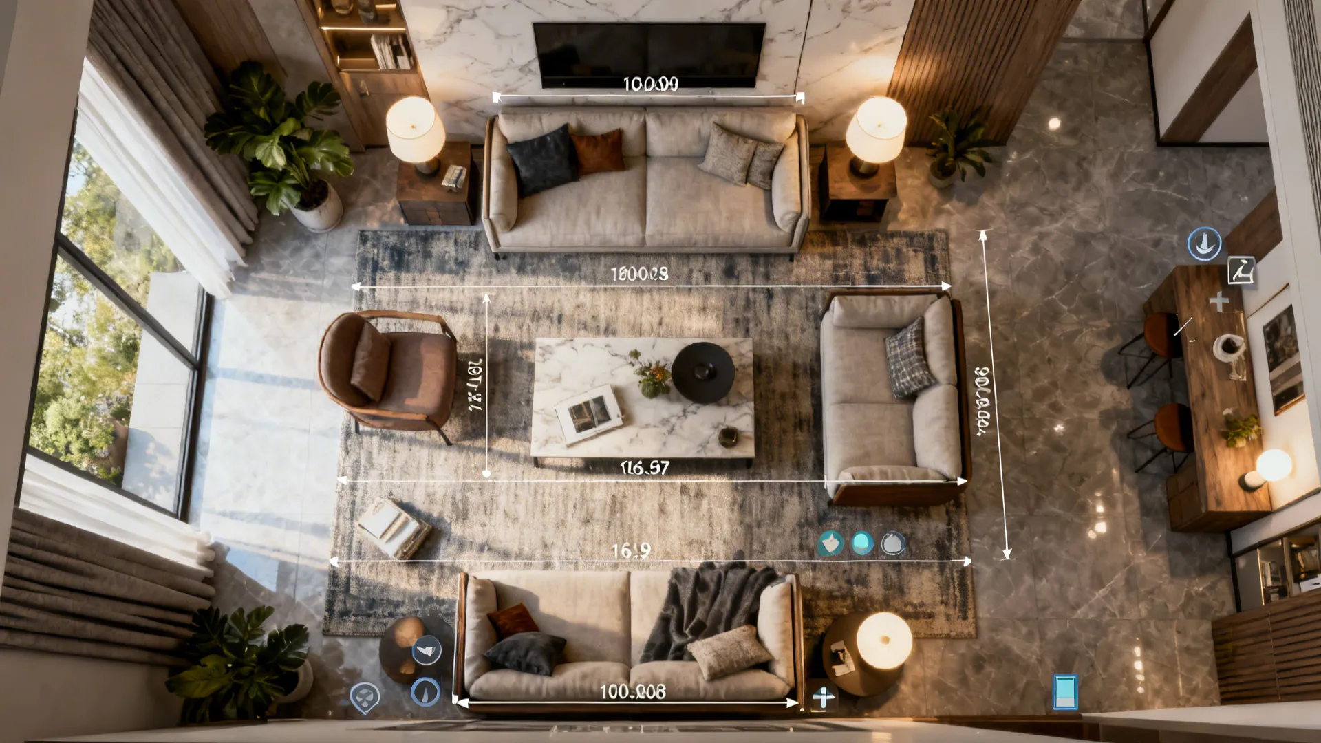 Top-down room planner view showing rug sizes, seating layouts and lighting layers for a living room