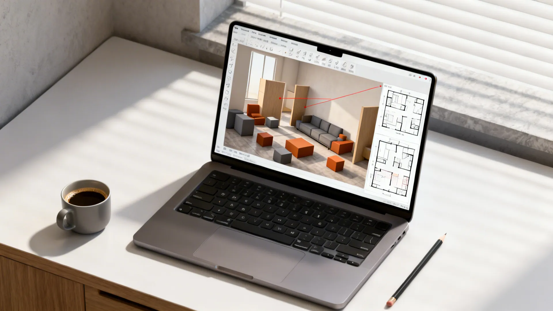 Top-down shot of a laptop running a room planner with furniture blocks and sight lines