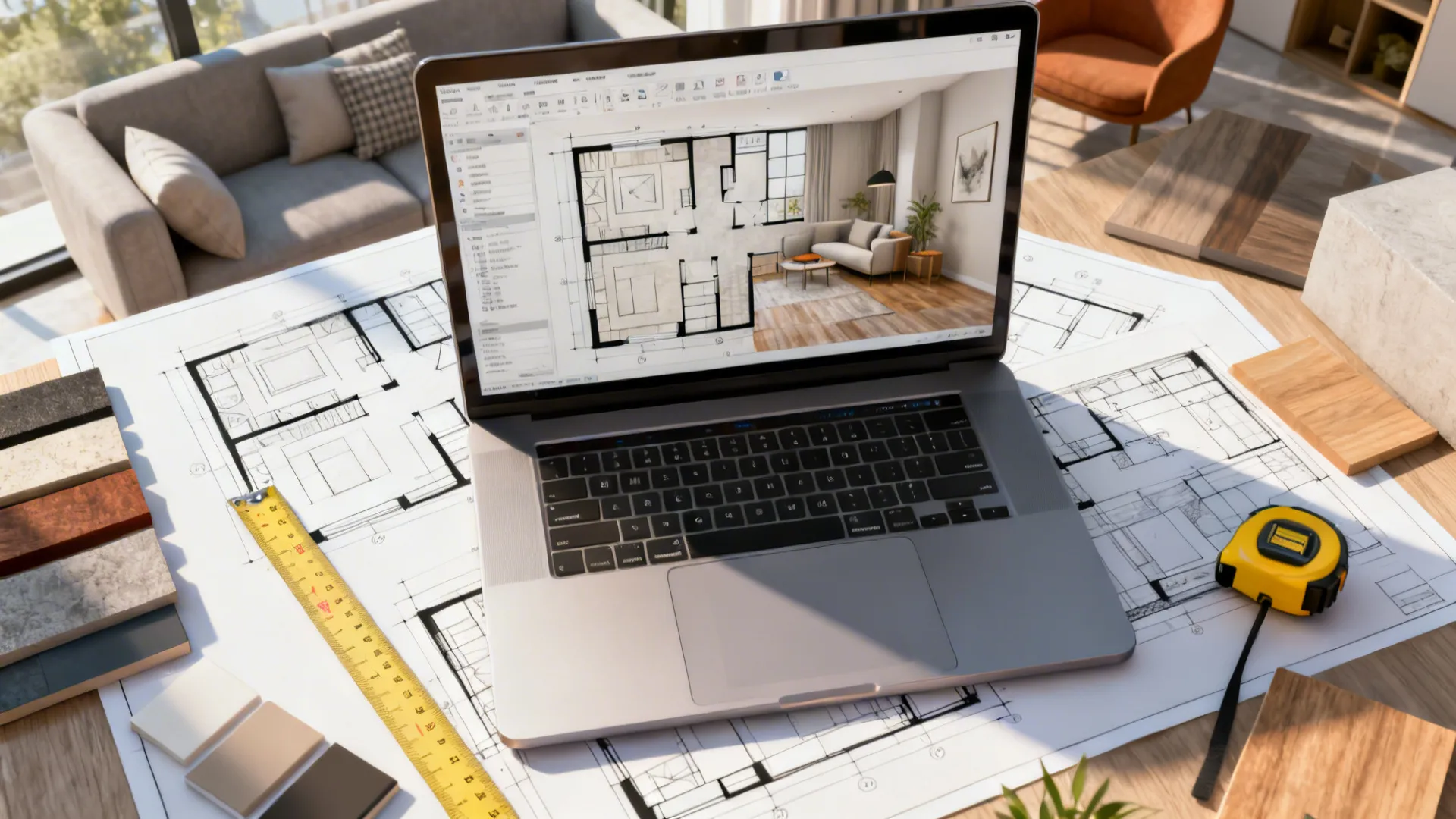 Top-down view of a laptop room-planner mockup with measuring tools and furniture samples.