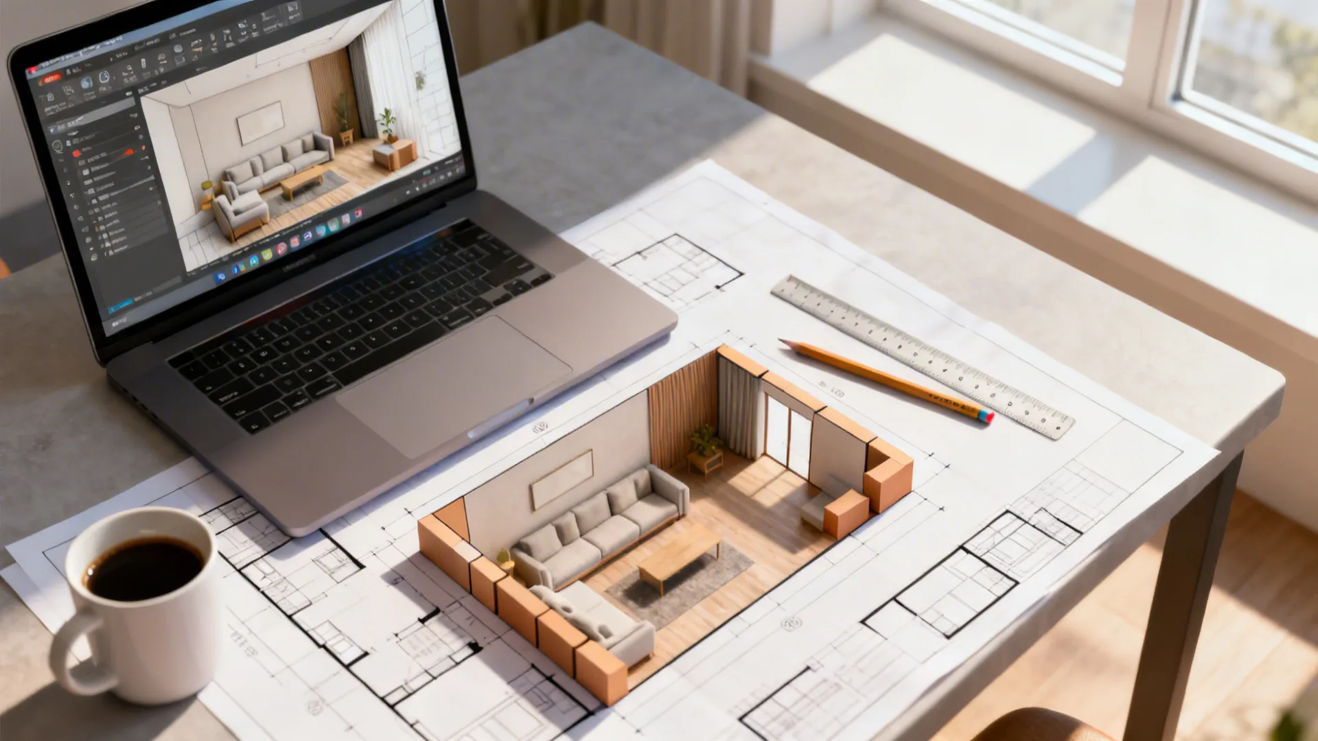 Top-down shot of a laptop showing a room planner and printed floor plans for small living room layouts.