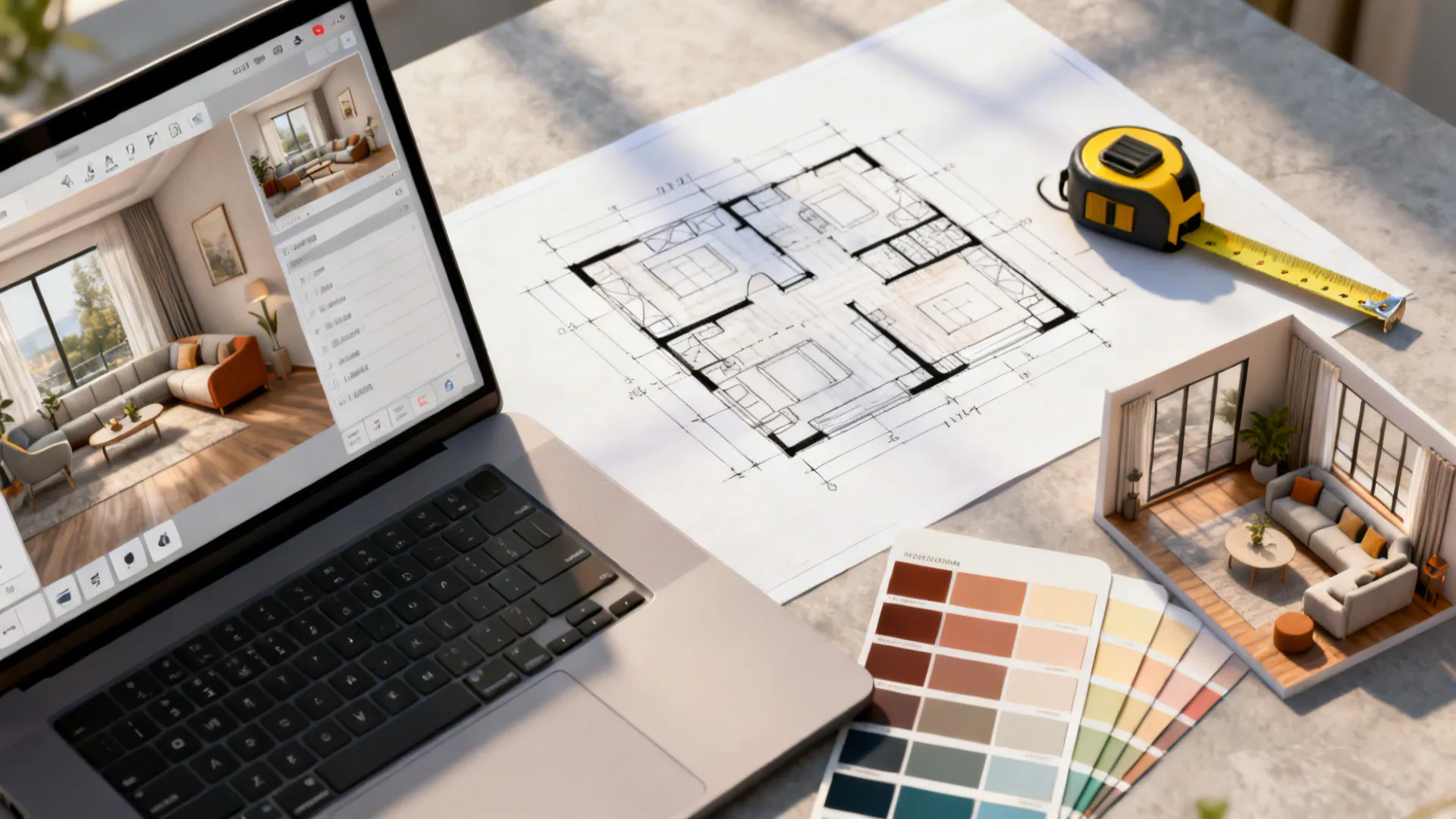 Laptop showing design software next to paper floor plan tape measure and small 3D model