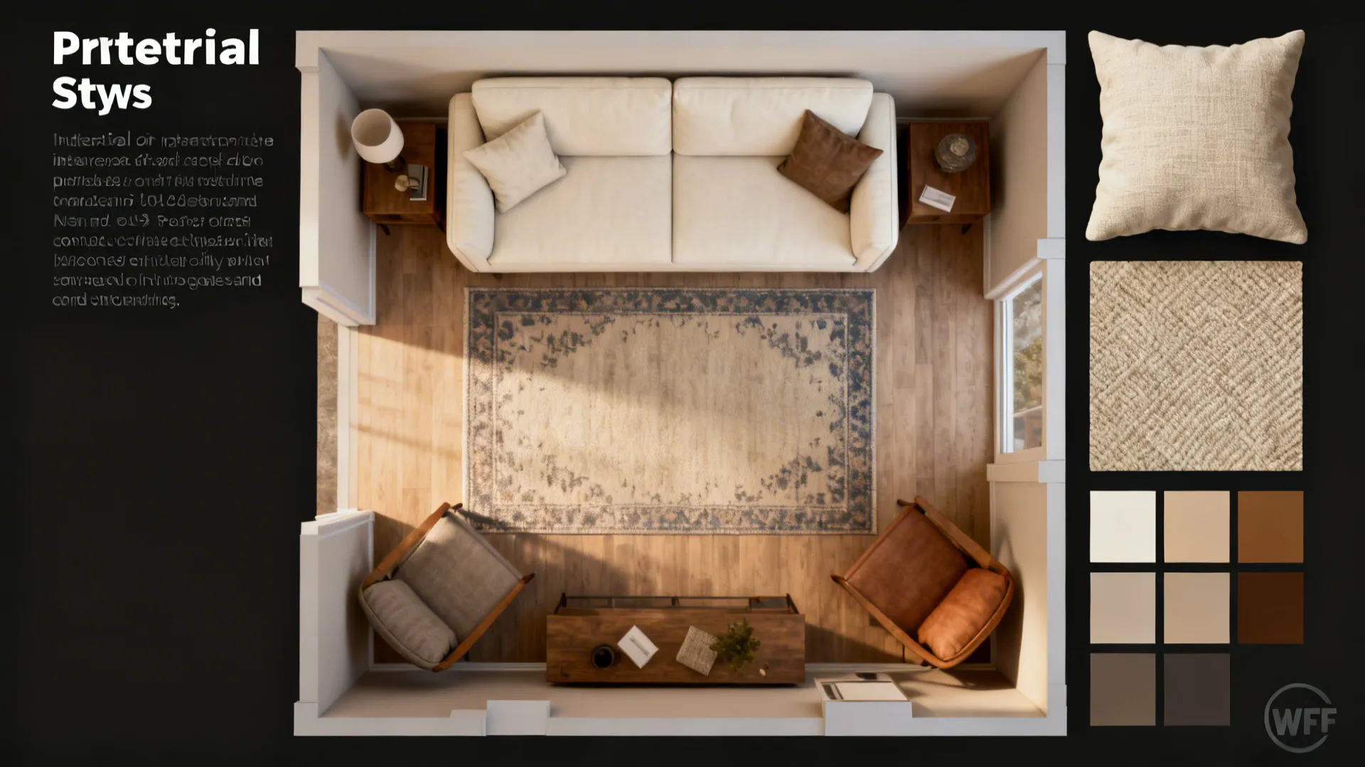 Top-down room planner layout showing furniture arrangements for an off-white couch in a small living room.