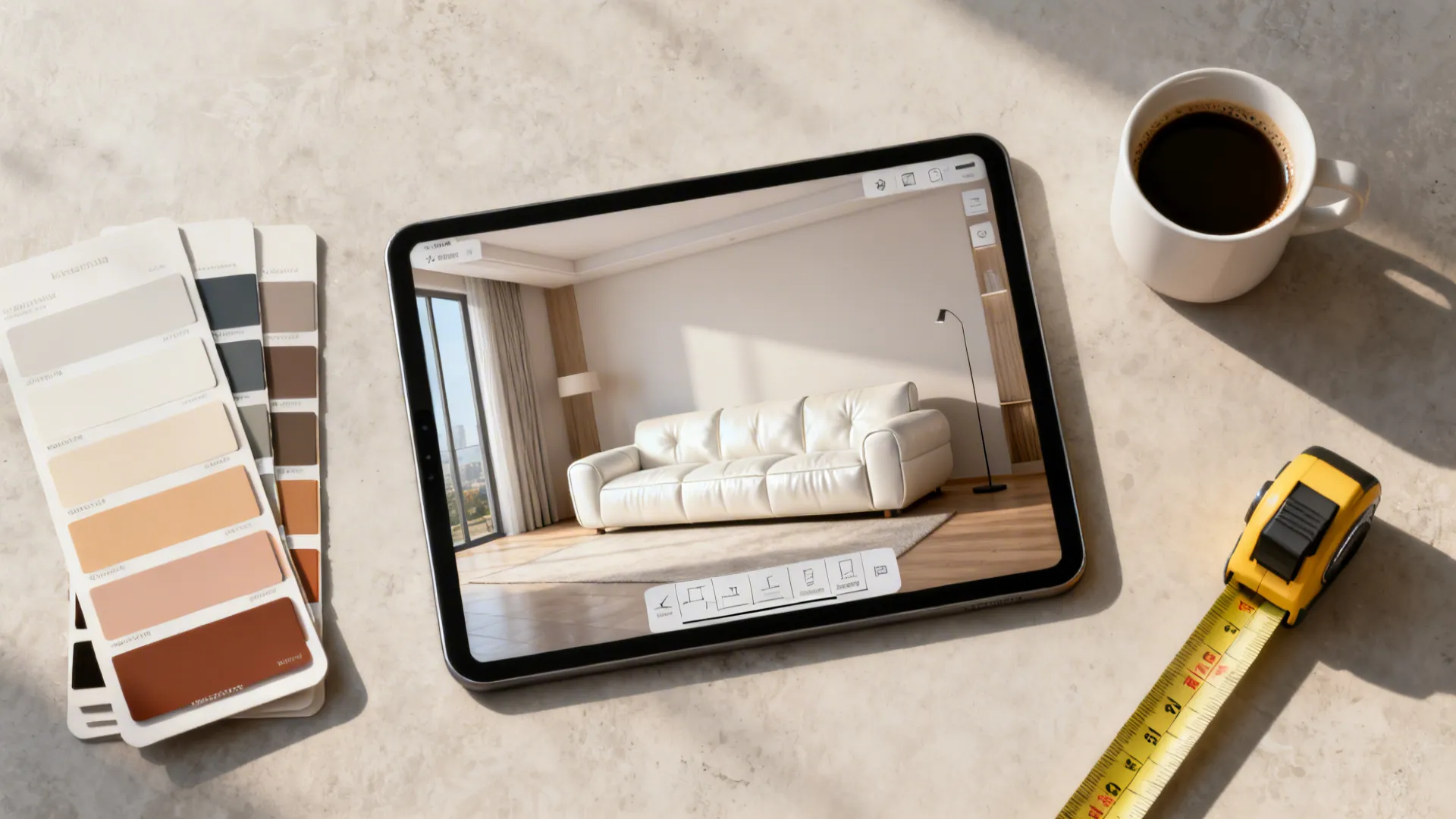 Top-down scene of a tablet showing a 3D room planner with a white leather sofa and physical swatches nearby.