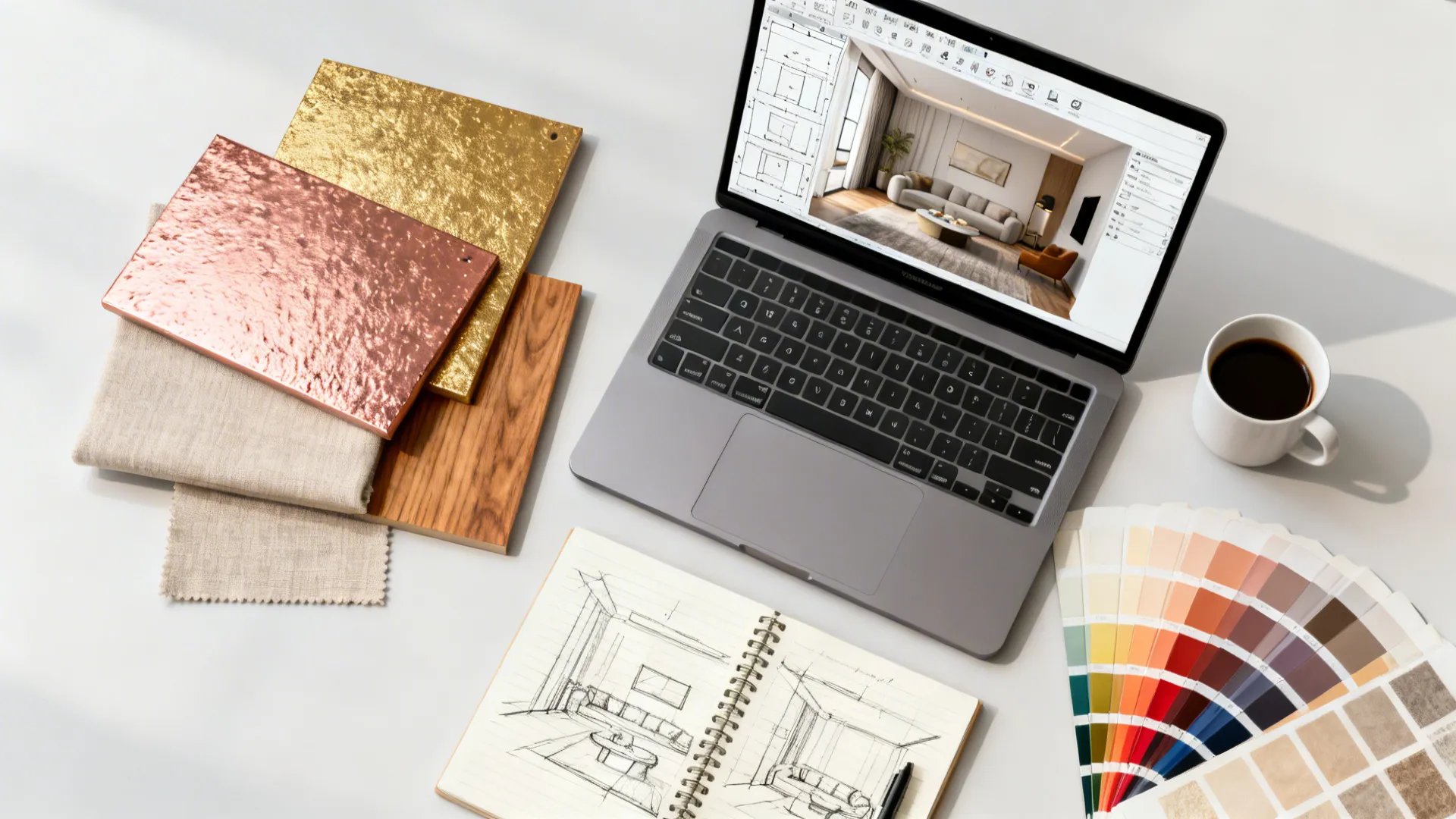 Top-down view of a workspace with a 3D room planner on a laptop and material samples