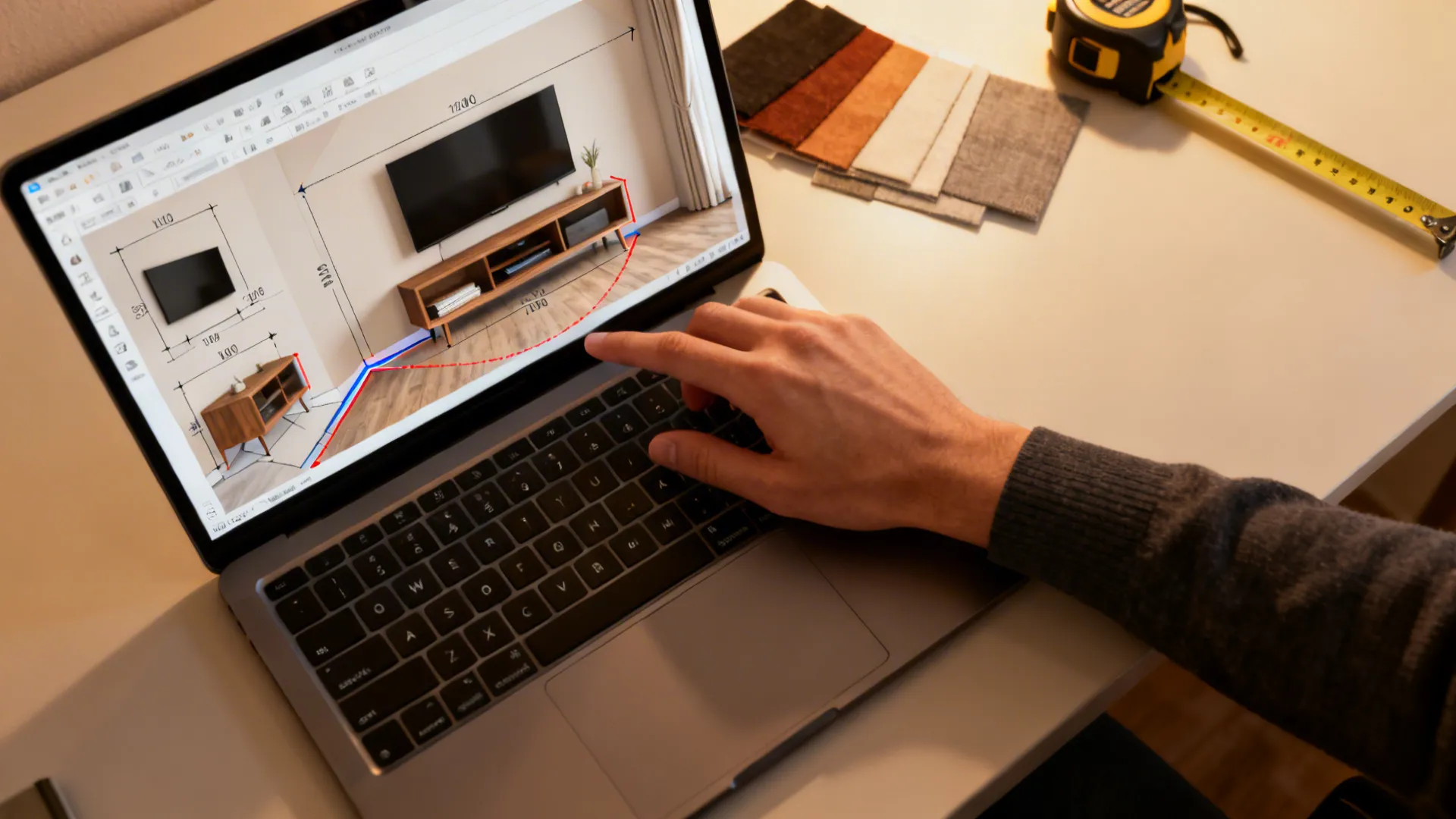Top-down view of a laptop room planner showing corner TV stand layouts and sightline checks