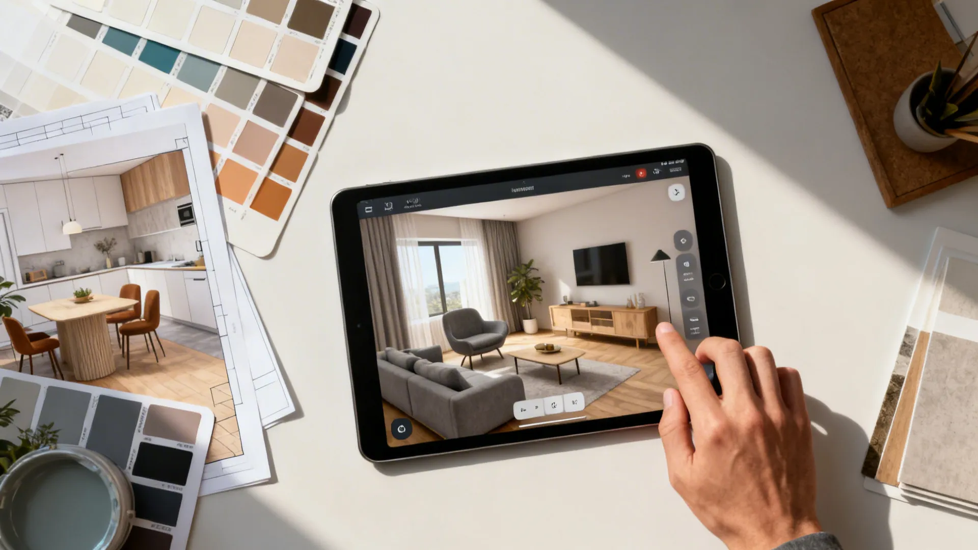 Top-down view of tablet with room planner app, paint swatches and furniture samples