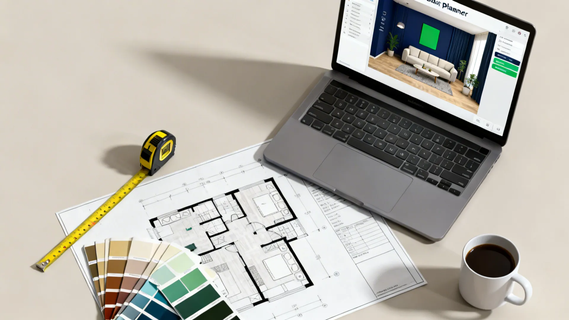 Top-down view of a planning desk with a 3D room planner, color swatches and floor plan