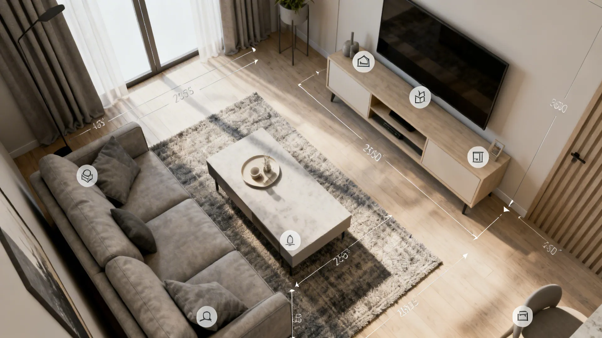 Top-down photorealistic layout showing grey-beige furniture placement for a small living room.