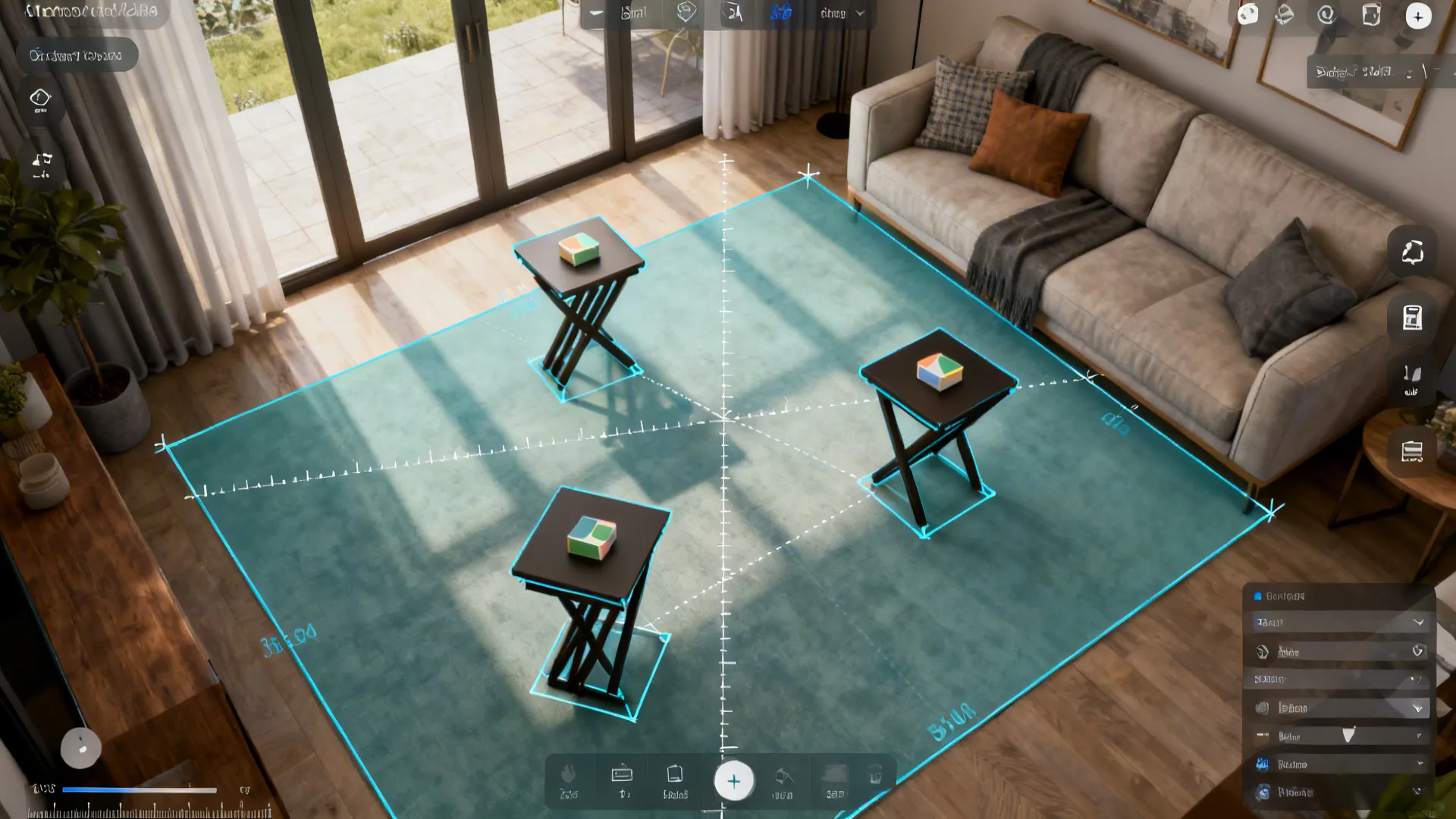 Top-down view of a 3D room planner showing folding table placements and sightlines