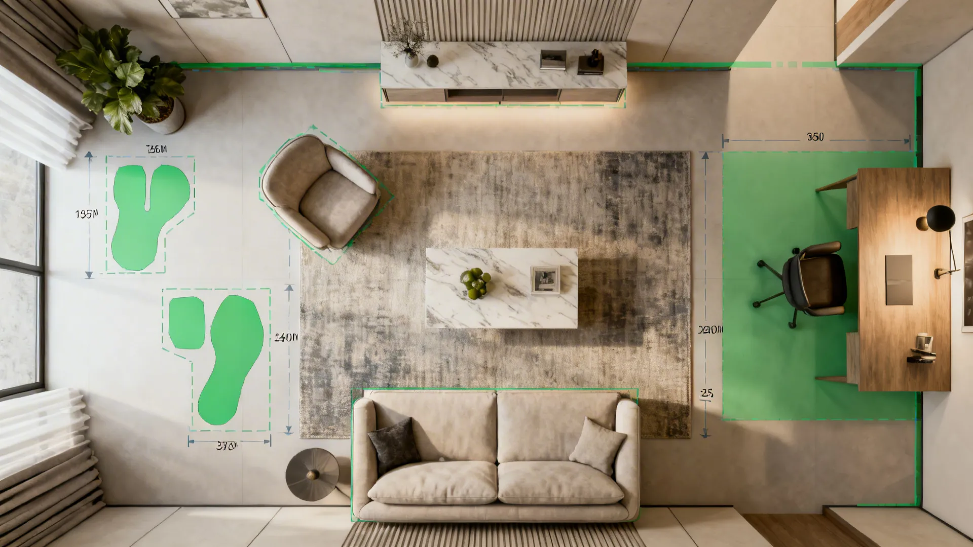 Top down living room layout with sofa rug chair and desk including green measurement markers