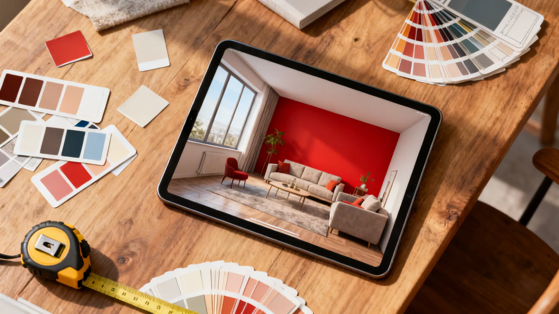 Top-down view of a tablet with a 3D room planner showing a red accent wall and paint swatches.