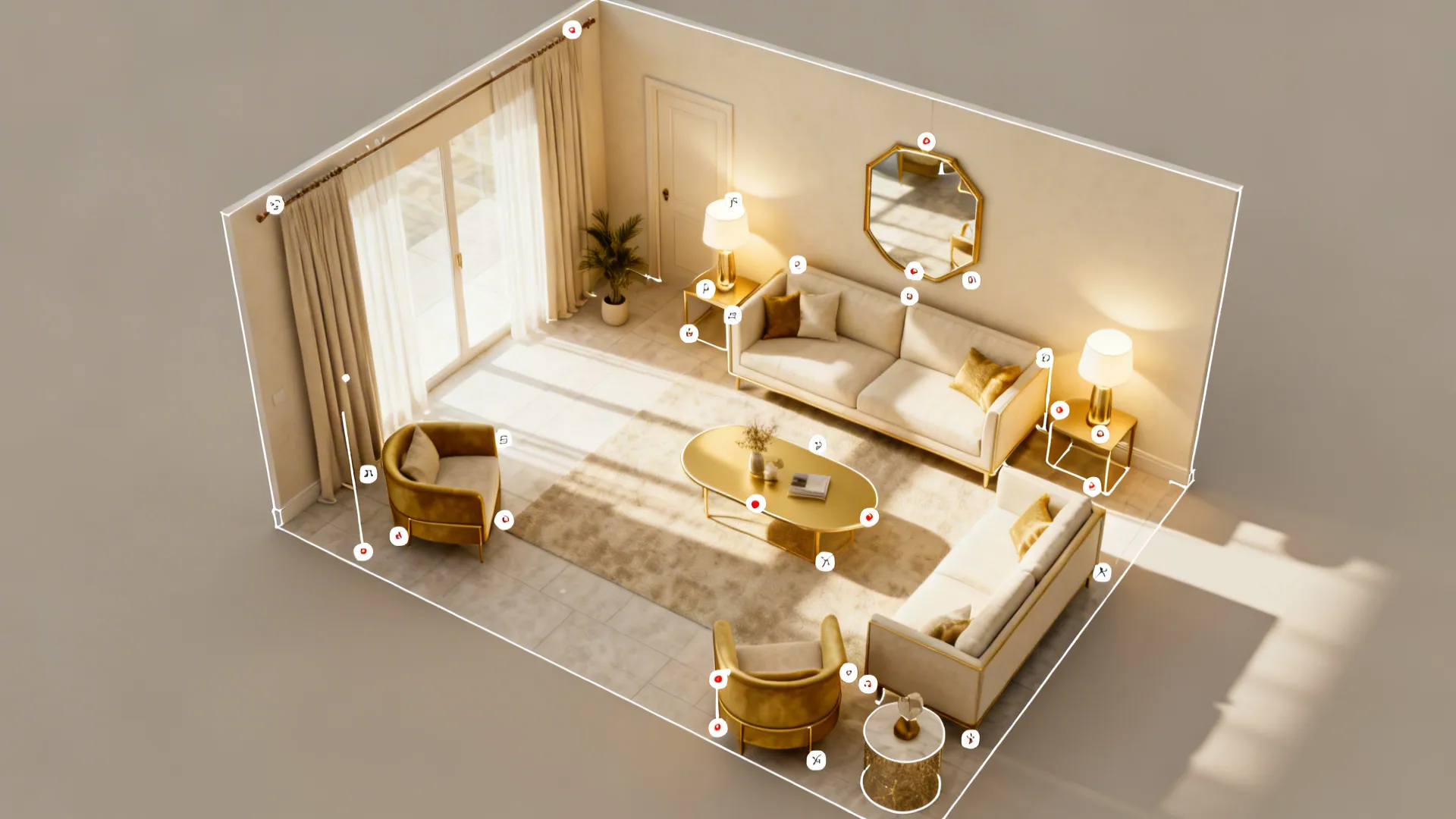 Top-down room planner mockup showing furniture and lighting layout in cream and gold tones.