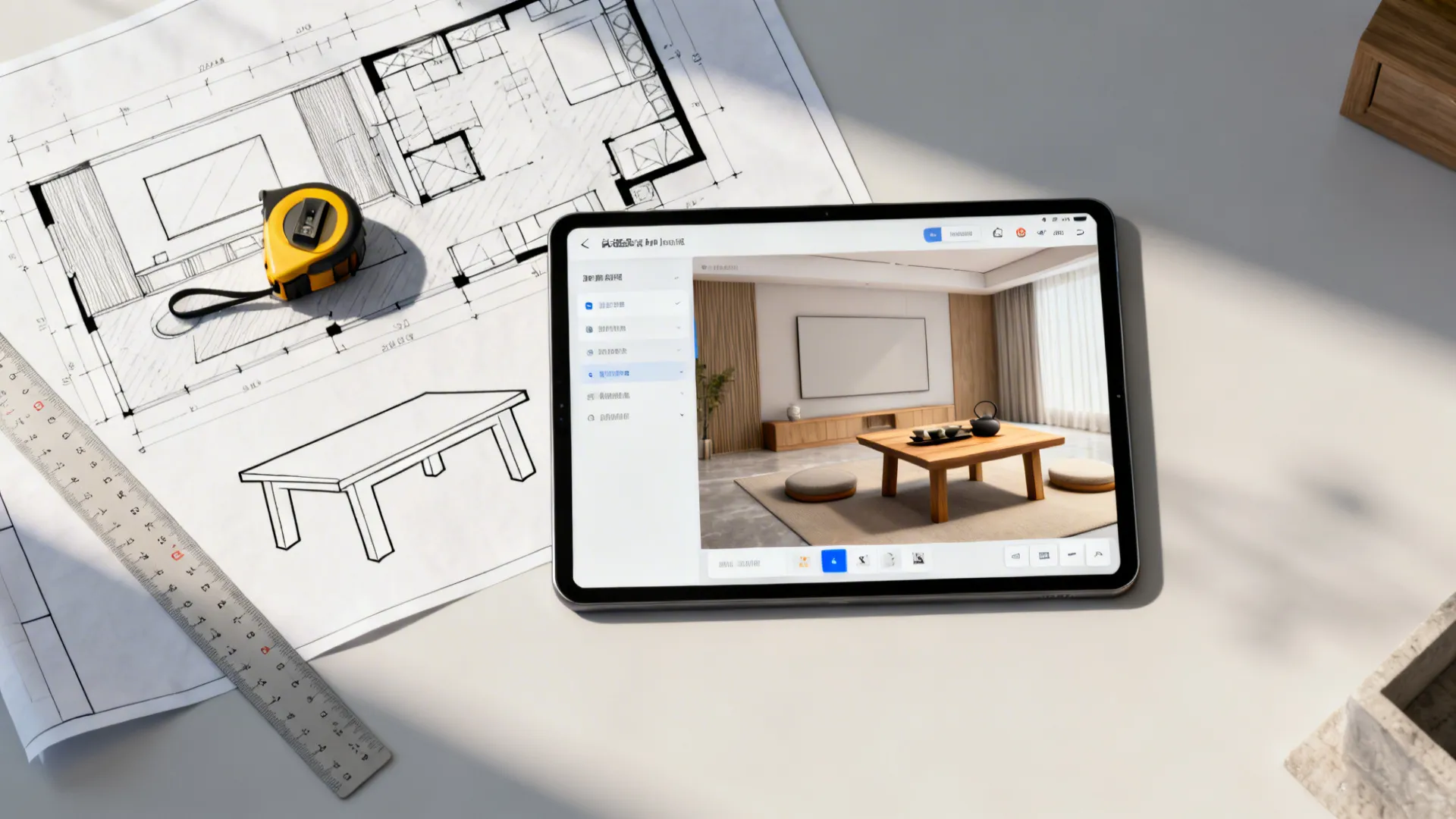 Tablet showing interior design drawing next to paper floor plan with tape measure and ruler