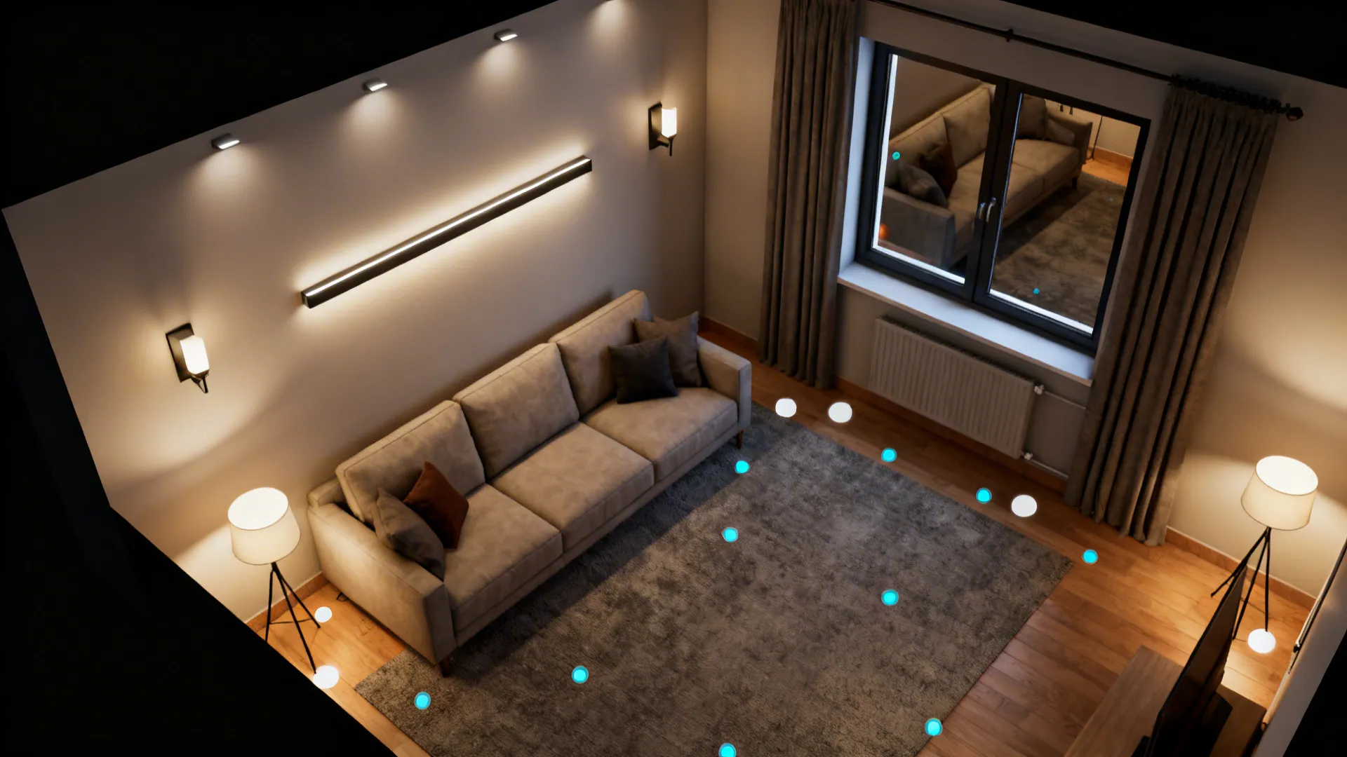 Top-down room planner mockup showing lighting layout and sightlines in a small living room.