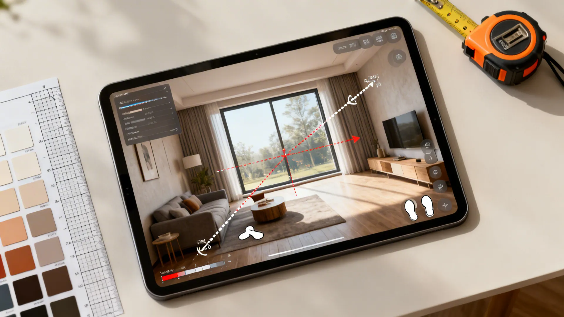 Top-down view of a room planner layout on a tablet showing sightlines, measurements, and furniture placement.