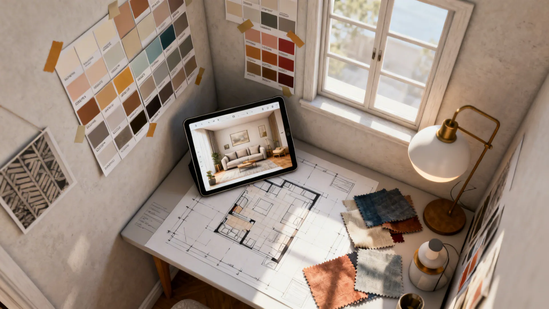 Top-down view of a room-planning scene with paint swatches, fabric samples and a tablet showing a 3D planner.