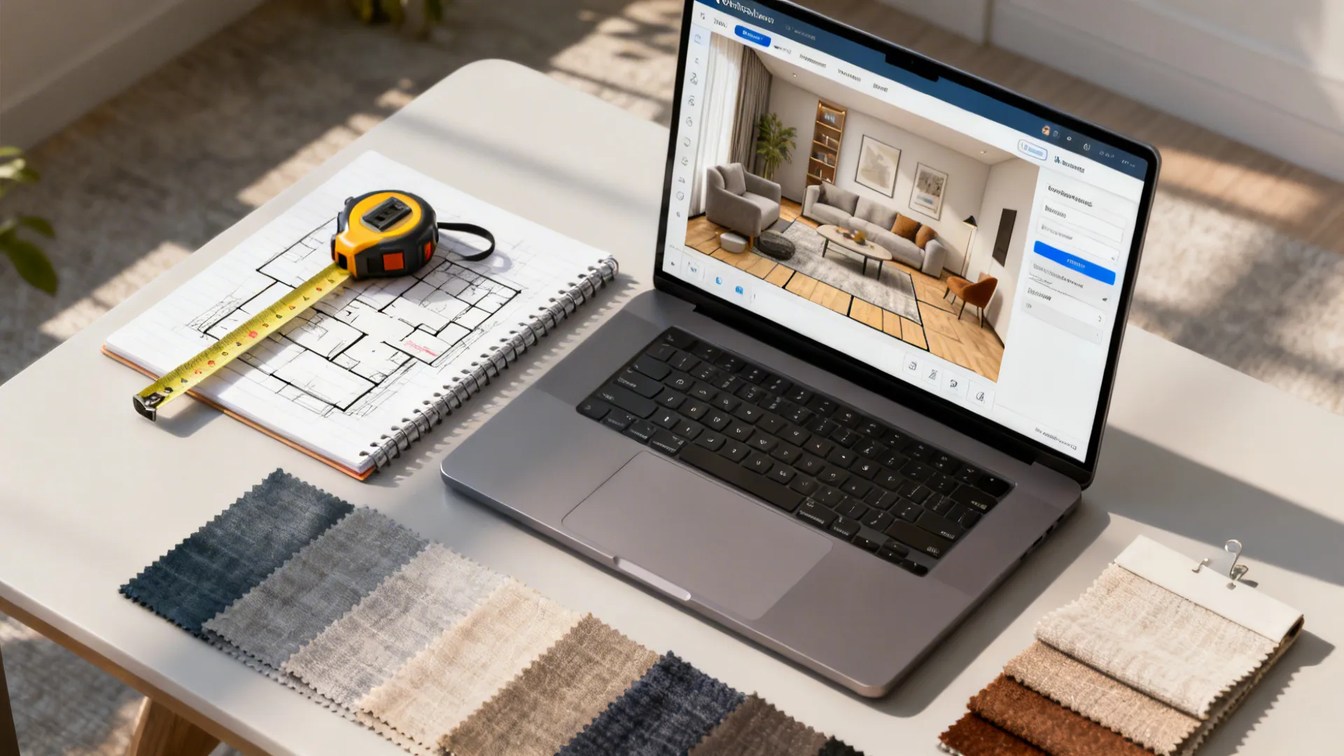Top-down view of a laptop with an online room planner, tape measure and fabric swatches for layout testing