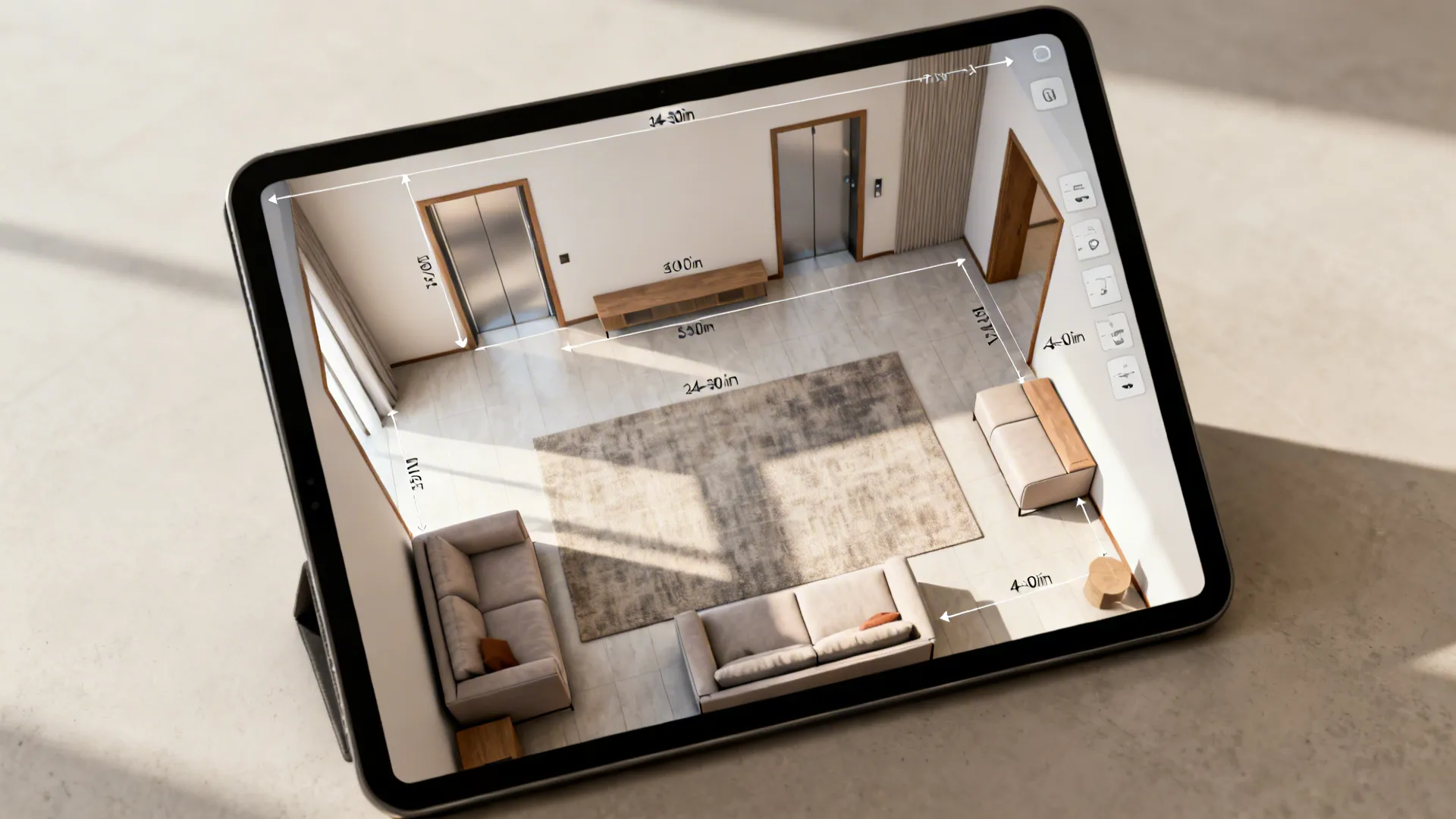 Top-down floor plan mockup showing measurements and 3D floor planner for a small living room