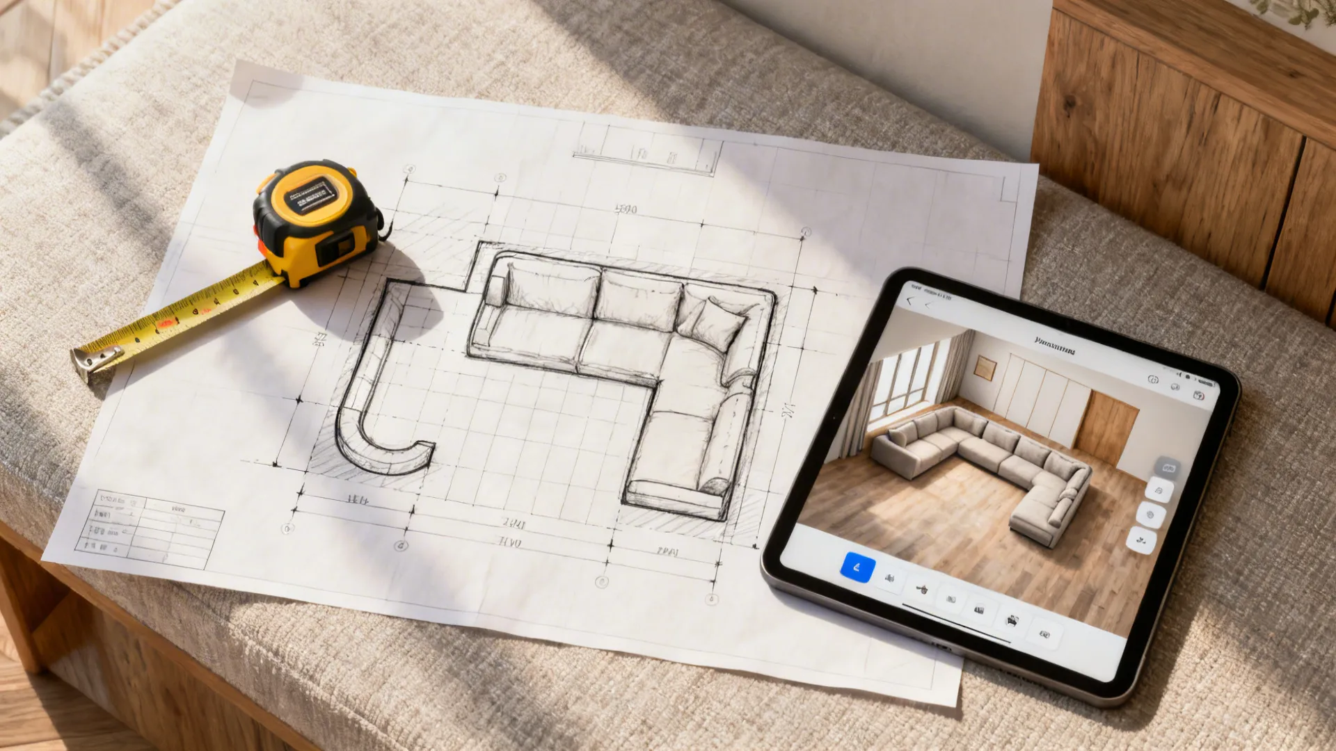 Top-down view of a room planning setup with a digital planner and L-shaped sofa footprint.