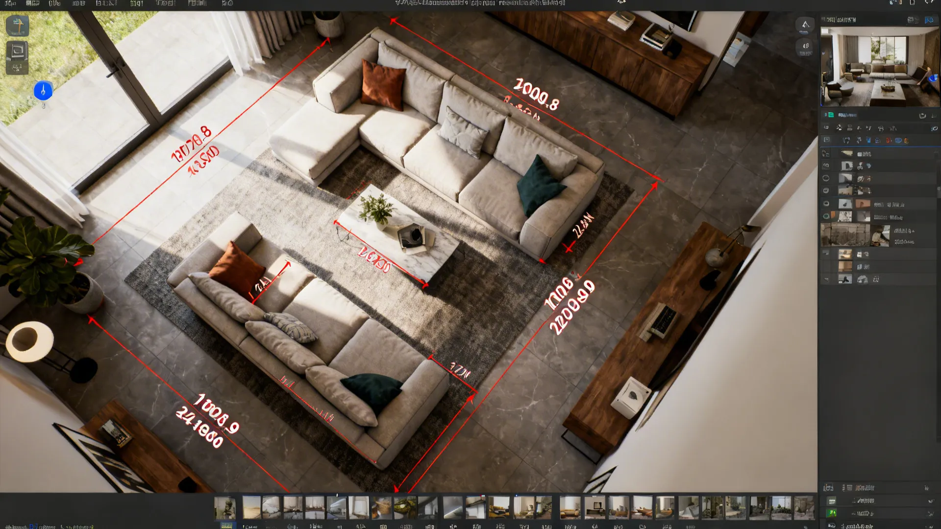 Top-down view of a room planner layout showing scaled mismatched sofas and measurement overlays.