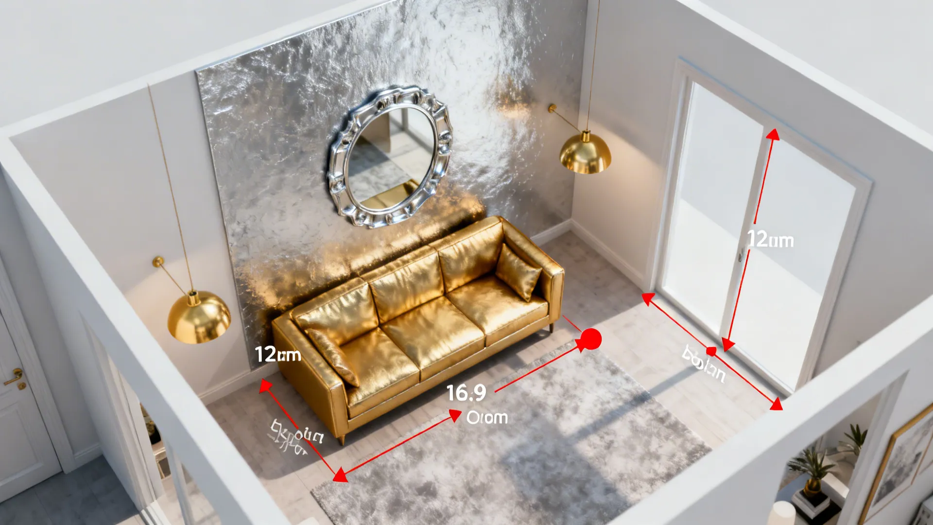 Interior design drawing showing gold sofa silver wall and room measurements with red dimension arrows