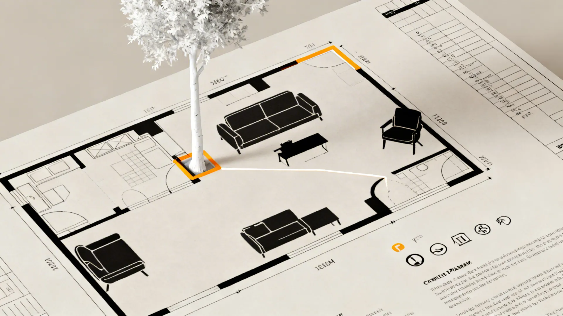 Top-down room planner mockup showing tree placements and traffic flow in a small living room.