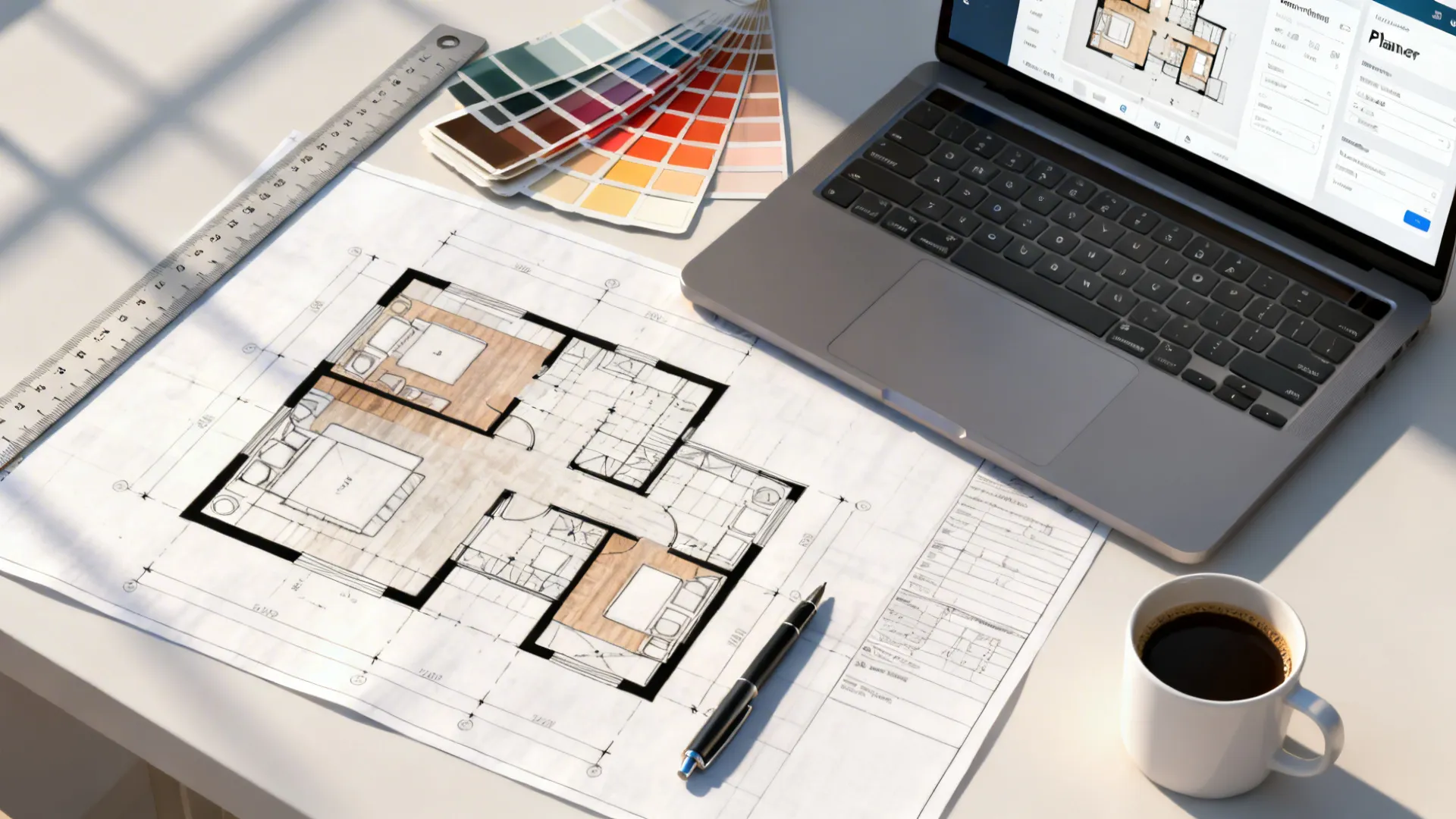 Top-down view of a room planning setup with floor plan, swatches and a laptop