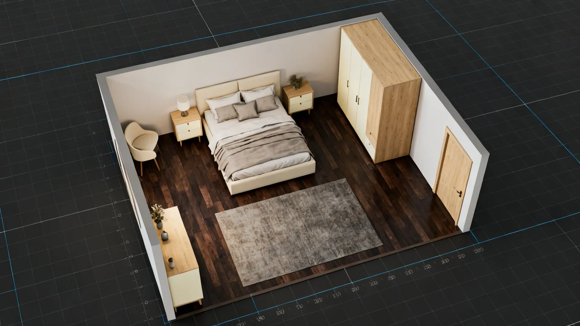 Top-down room planner showing furniture layout and rug sizes on dark hardwood.
