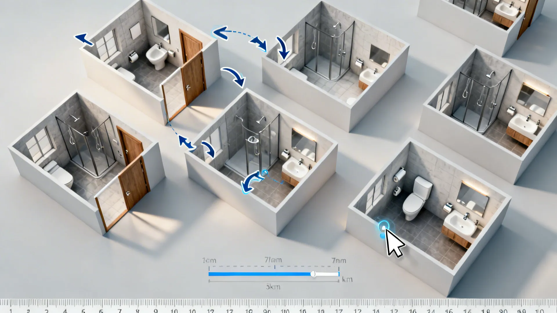 Top-down view of a 3D room planner screen showing multiple small bathroom layouts and door swing tests
