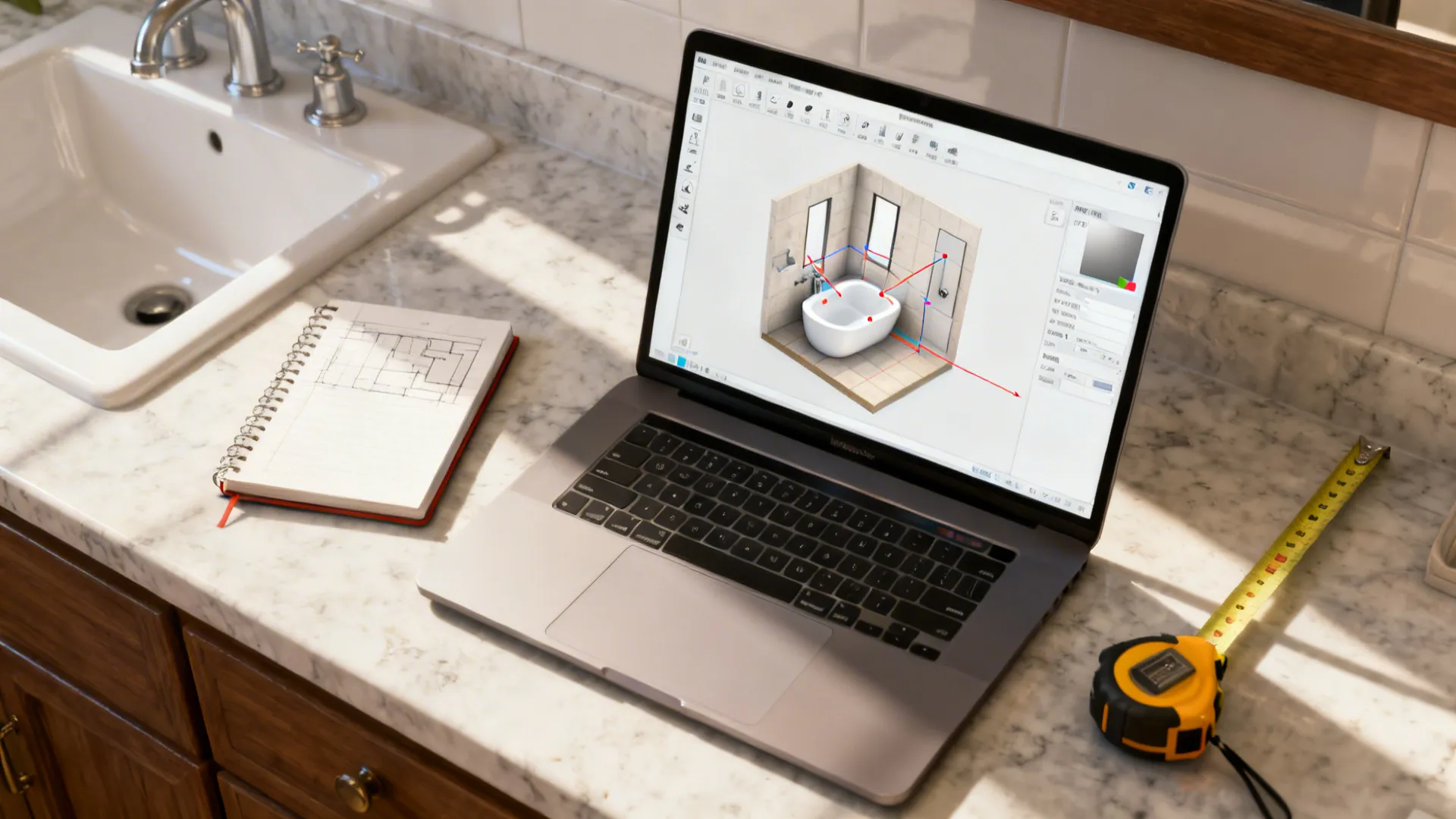 Top-down view of a laptop running a bathroom room planner, showing tub positions and sightlines for a small remodel.