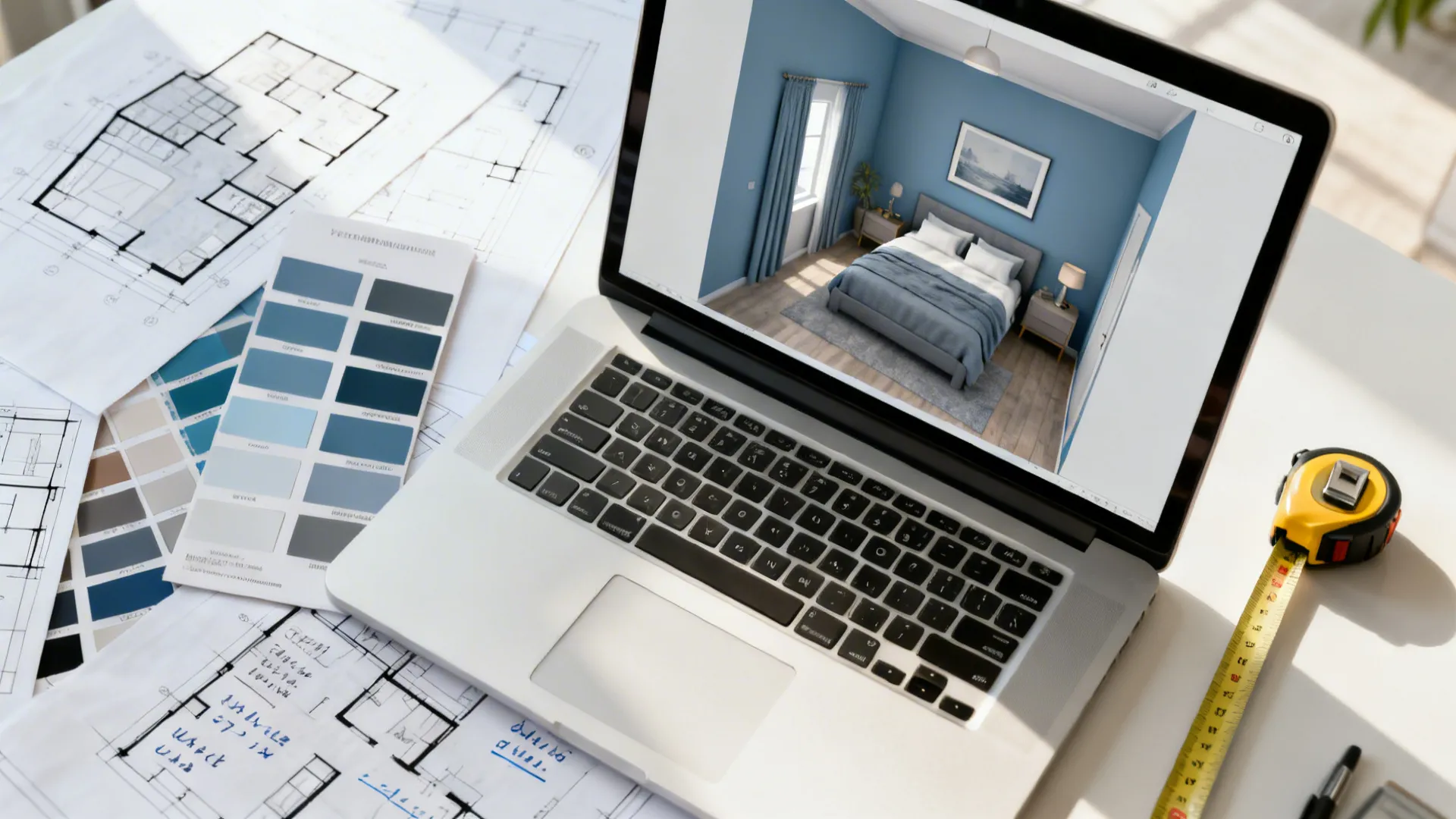Top-down storyboard with 3D floor planner, swatches and layout notes for a blue-gray bedroom.