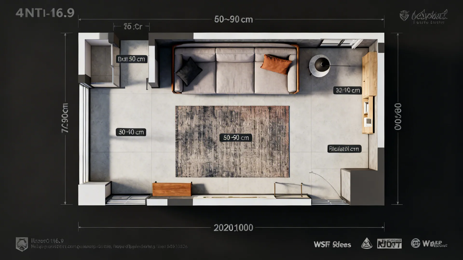 Top-down room planner mockup showing a compact sectional and circulation measurements.