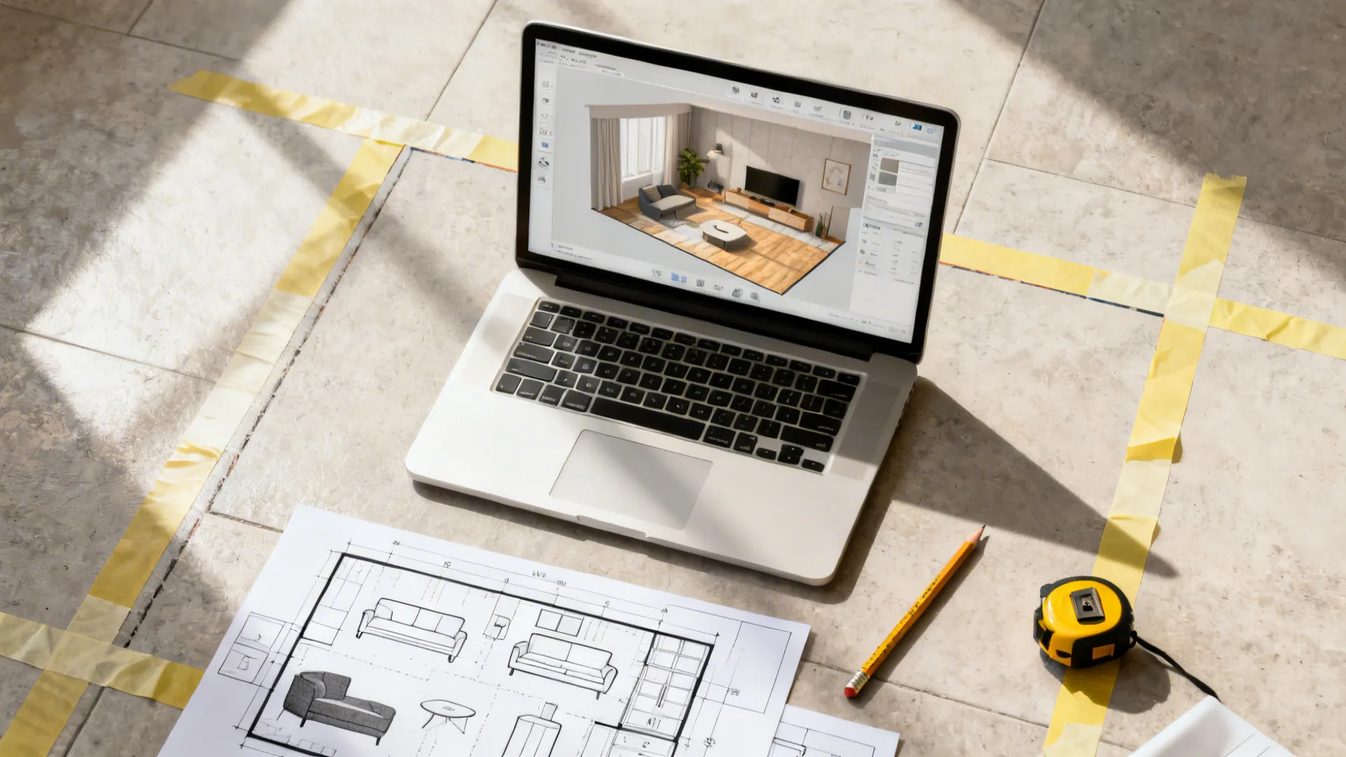 Top-down view of a 3D room-planner on a laptop with furniture templates and measuring tools.