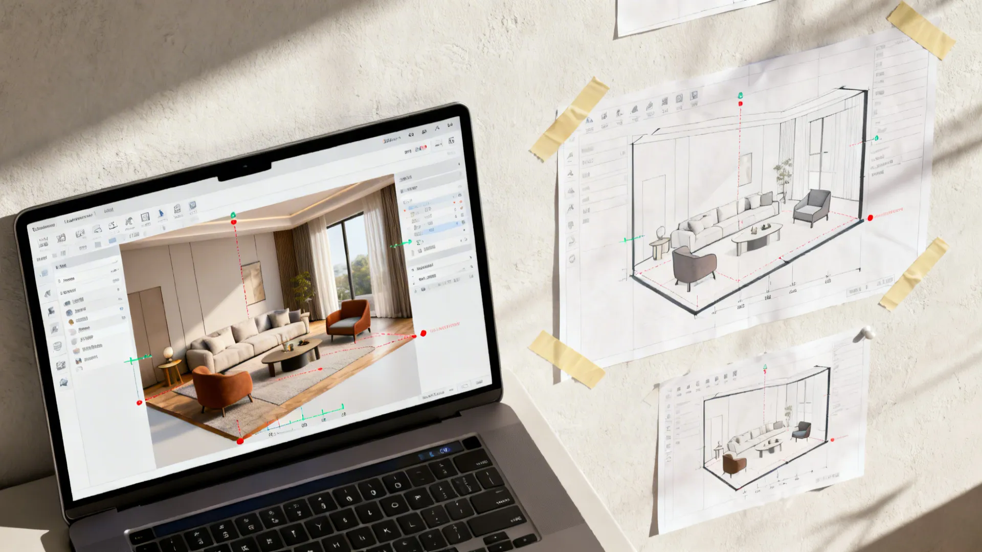 Top-down view of a digital room planner on a laptop with paper templates and tape for physical layout testing.