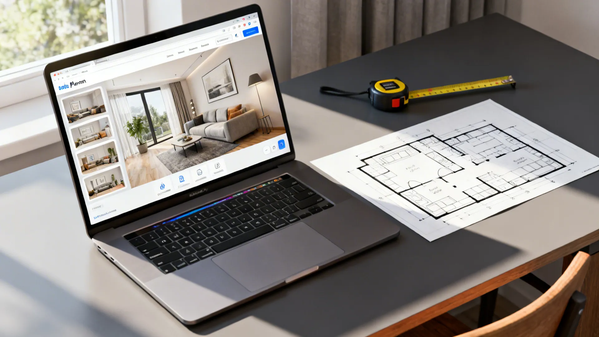 Laptop showing an online room planner next to a living room layout sketch and tape measure.