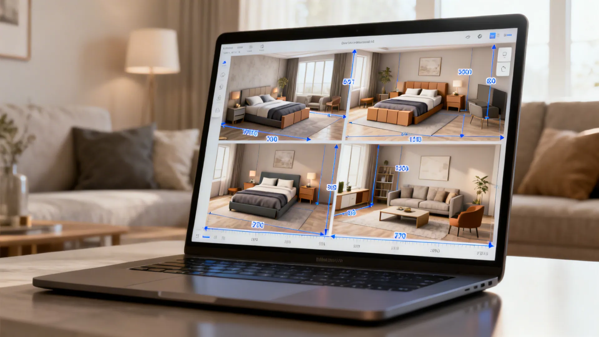 Laptop showing a room planner with living room layouts that balance bed placement and clearances.
