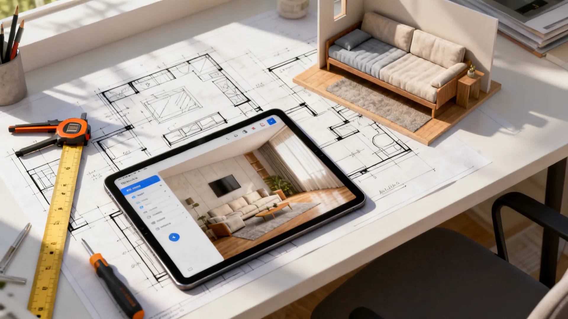 Top-down view of a room-planning workflow with sketches, a tablet showing a room planner app, and measurement tools.